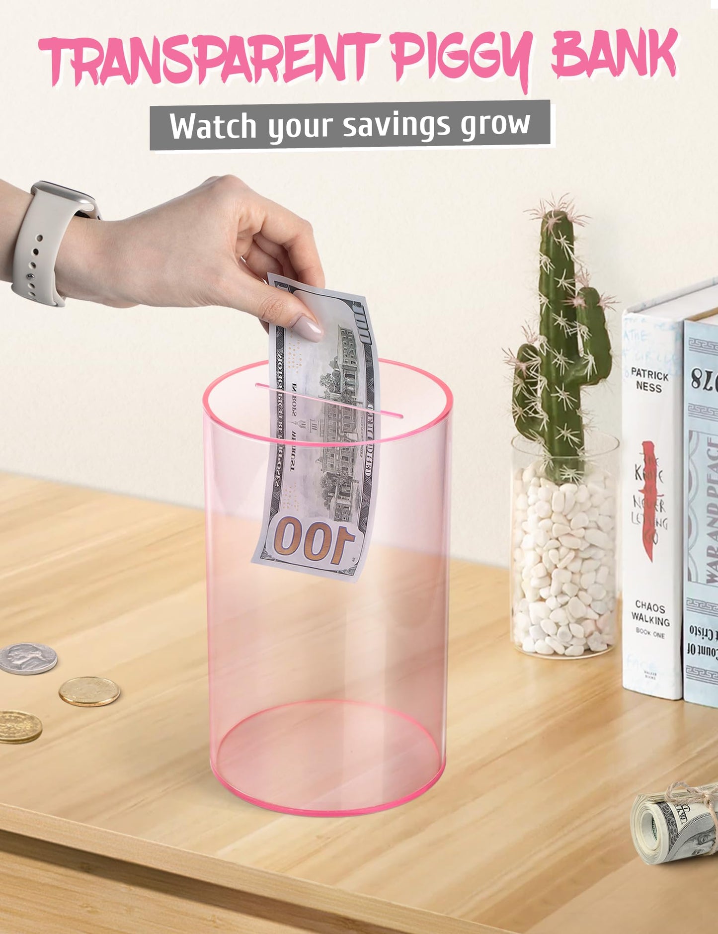 Kypeeka Clear Pink Acrylic Piggy Bank – Must Break to Open, 8-inch H x 5-inch Diameter