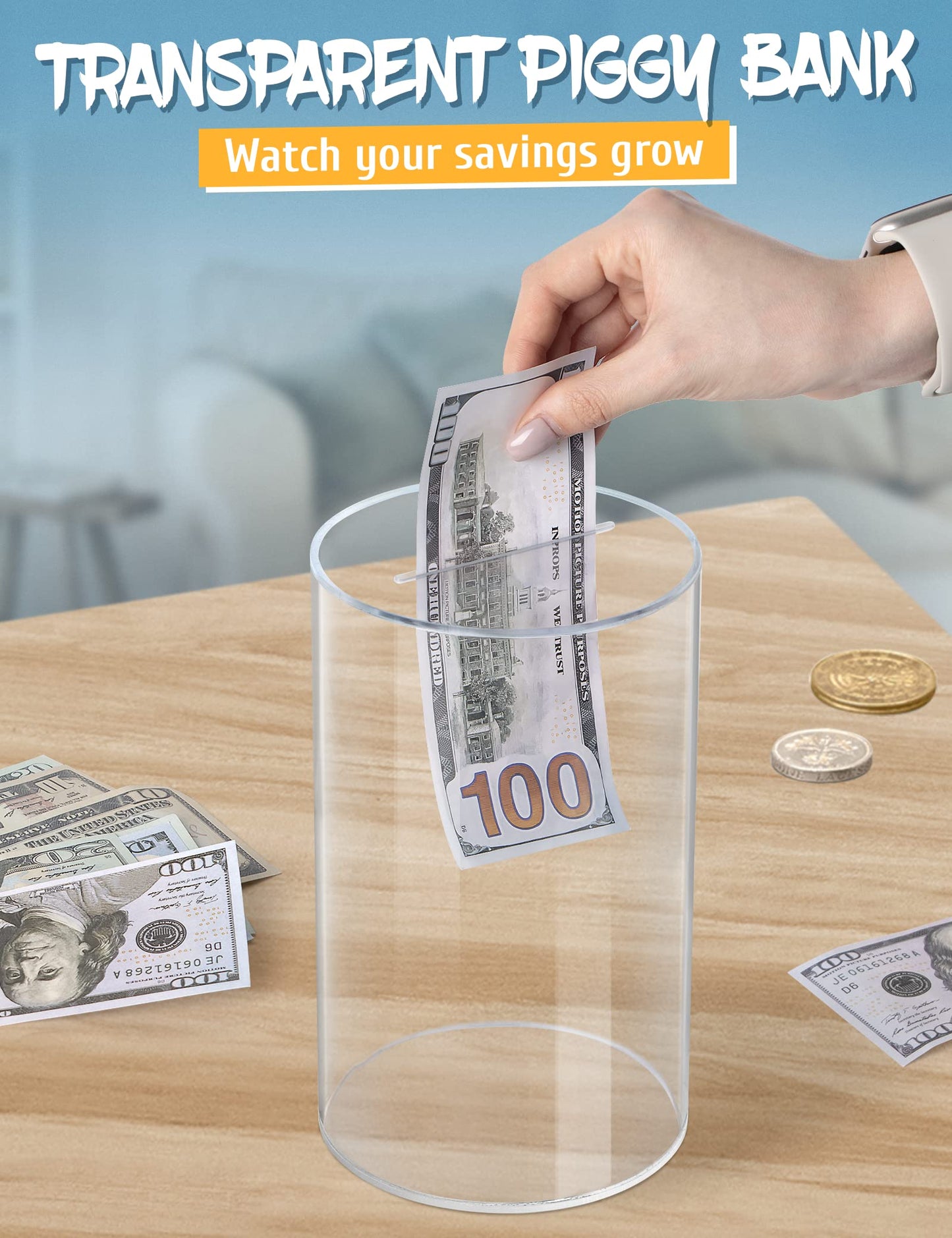 Kypeeka Clear Acrylic Piggy Bank – Break-to-Open Savings Jar, 8 inches tall by 5 inches diameter