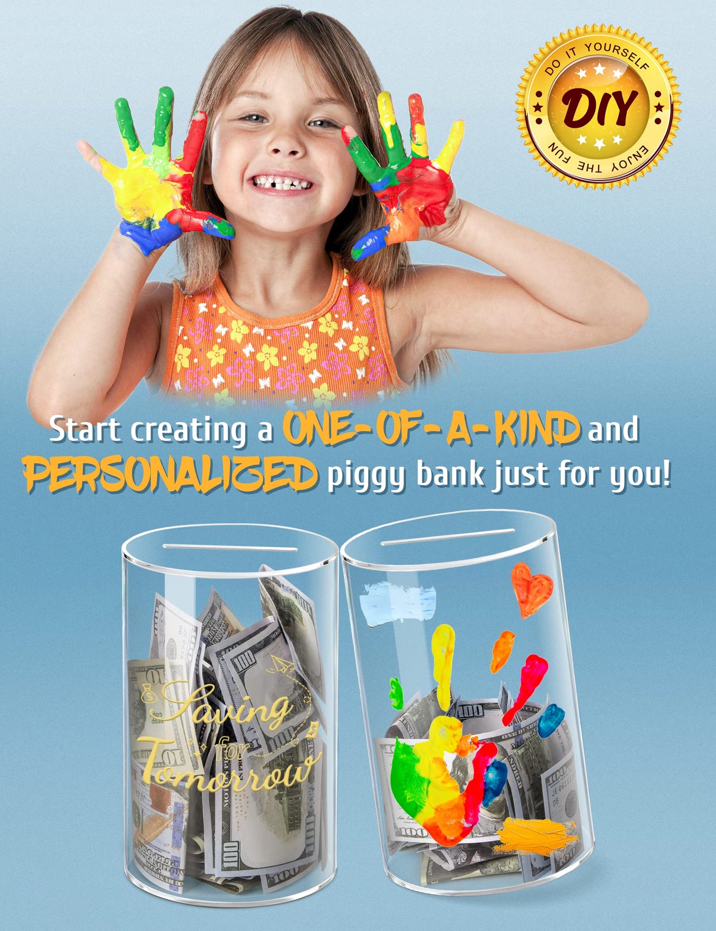 Kypeeka Clear Acrylic Piggy Bank – Break-to-Open Savings Jar, 8 inches tall by 5 inches diameter