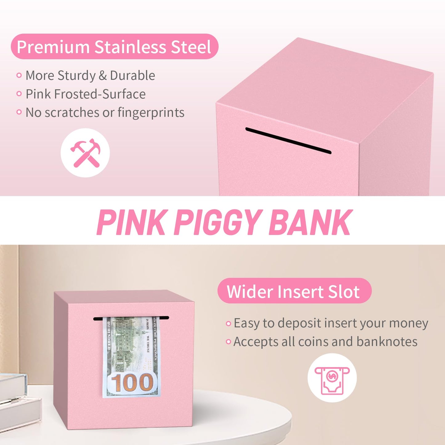 Kypeeka Adults Piggy Bank – Unbreakable Stainless Steel, Must Break to Open (Pink, 5.9 inch)