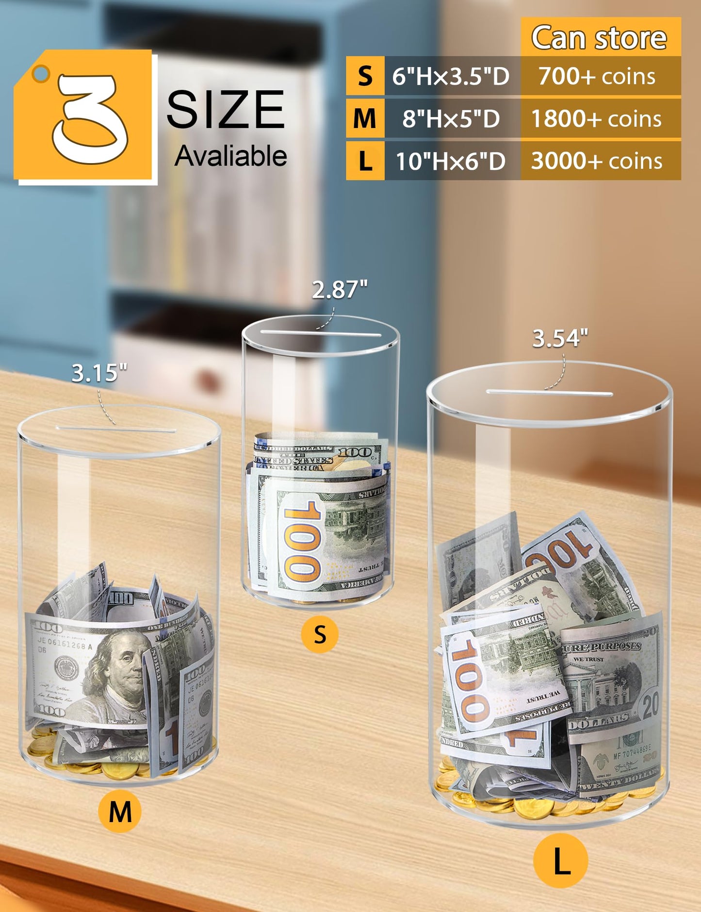 Kypeeka Clear Acrylic Piggy Bank – Break-to-Open Savings Jar, 8 inches tall by 5 inches diameter