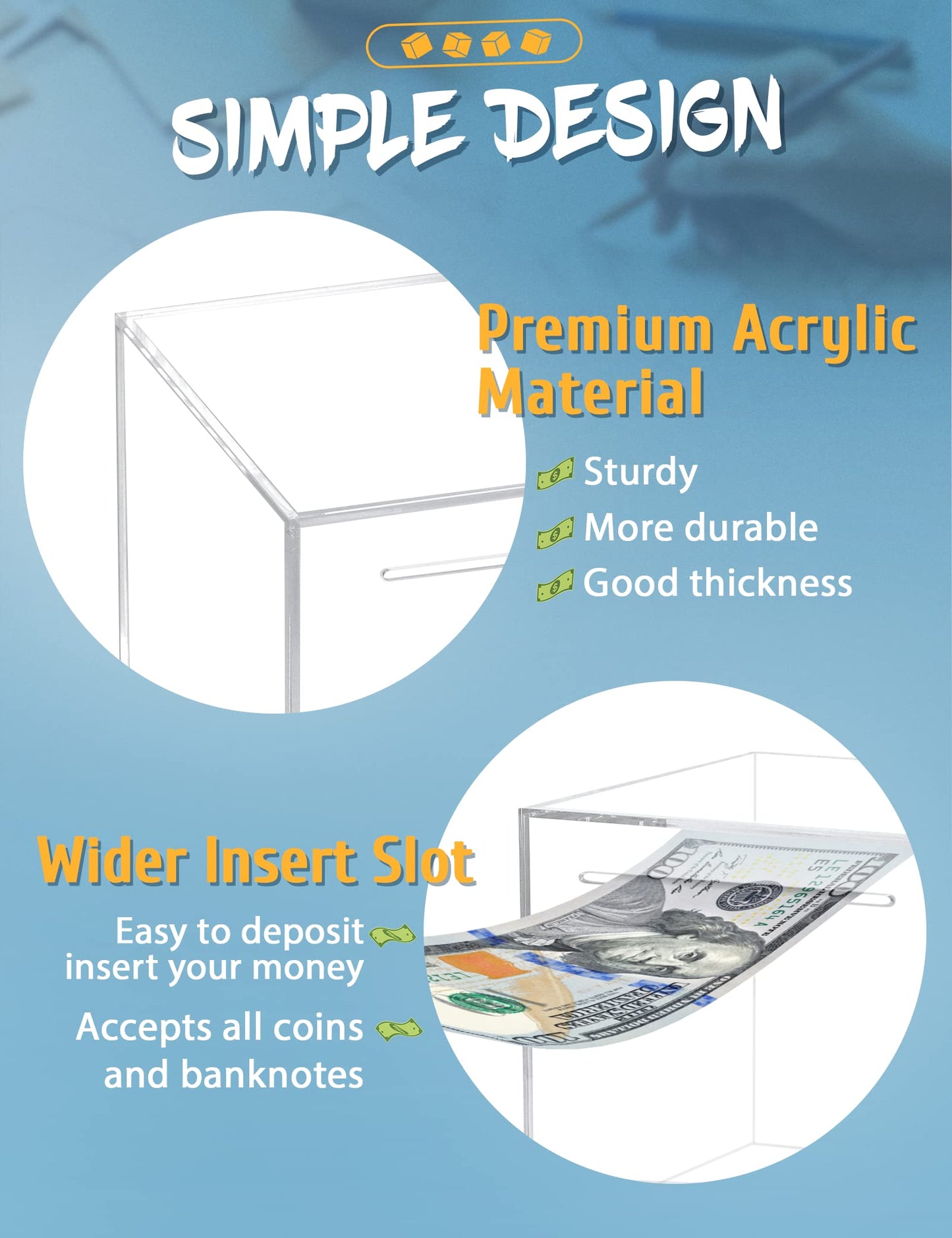 Kypeeka Clear Acrylic Piggy Bank - Unopenable Saving Box, 4.72 Inches Tall