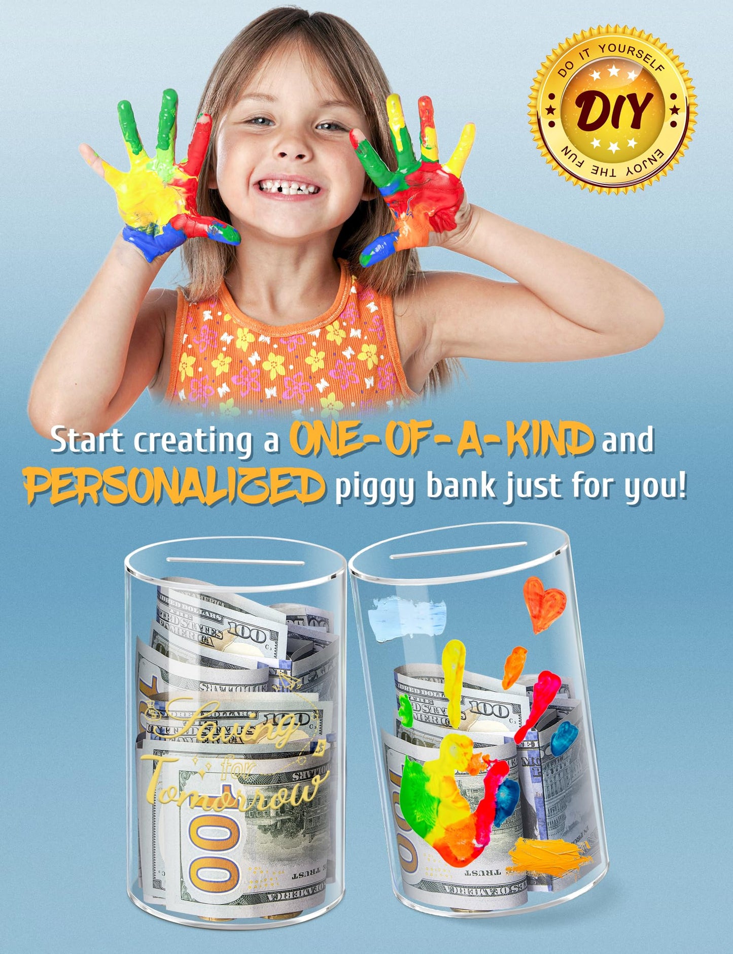 Kypeeka Clear Acrylic Piggy Bank – Break-to-Open Saving Jar for Kids (6 inches high, 3.5 inches diameter)