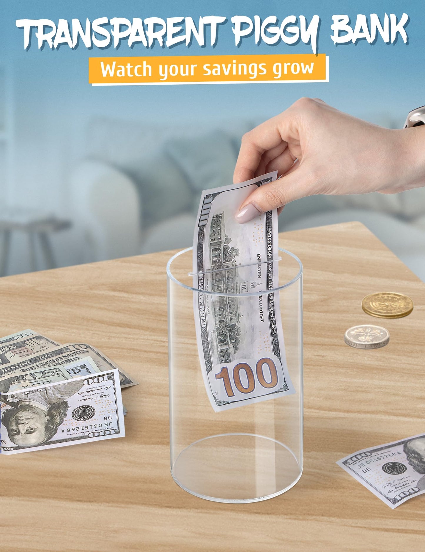 Kypeeka Clear Acrylic Piggy Bank – Break-to-Open Saving Jar for Kids (6 inches high, 3.5 inches diameter)