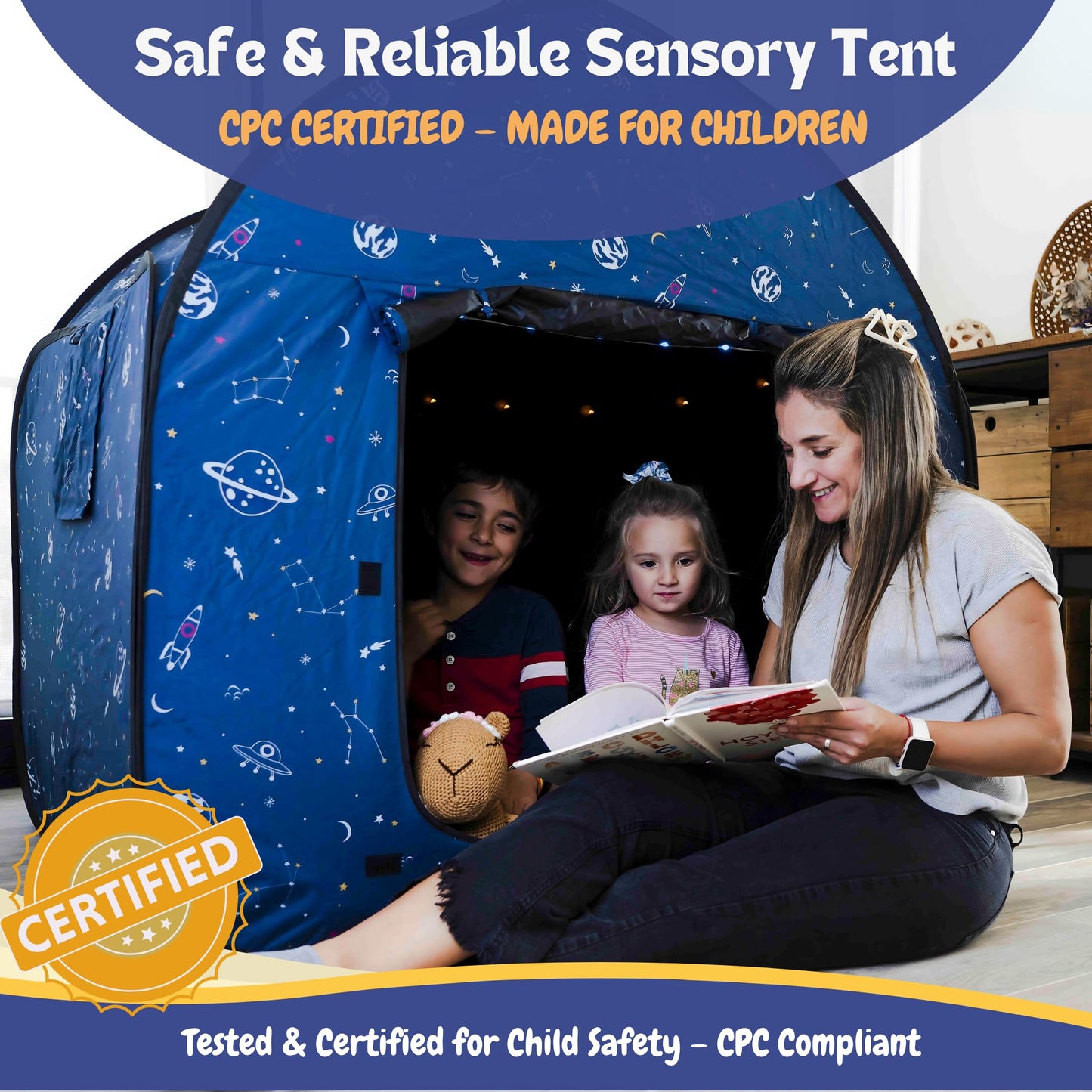 L'Arche Sensory Tent with LED Lights & Remote – Blackout Pop-Up Calm Down Space Theme (47.2 inches)