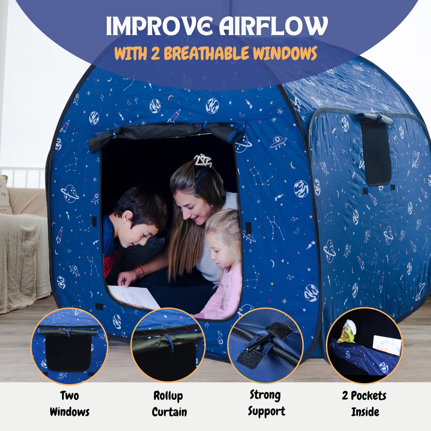 L'Arche Sensory Tent with LED Lights & Remote – Blackout Pop-Up Calm Down Space Theme (47.2 inches)
