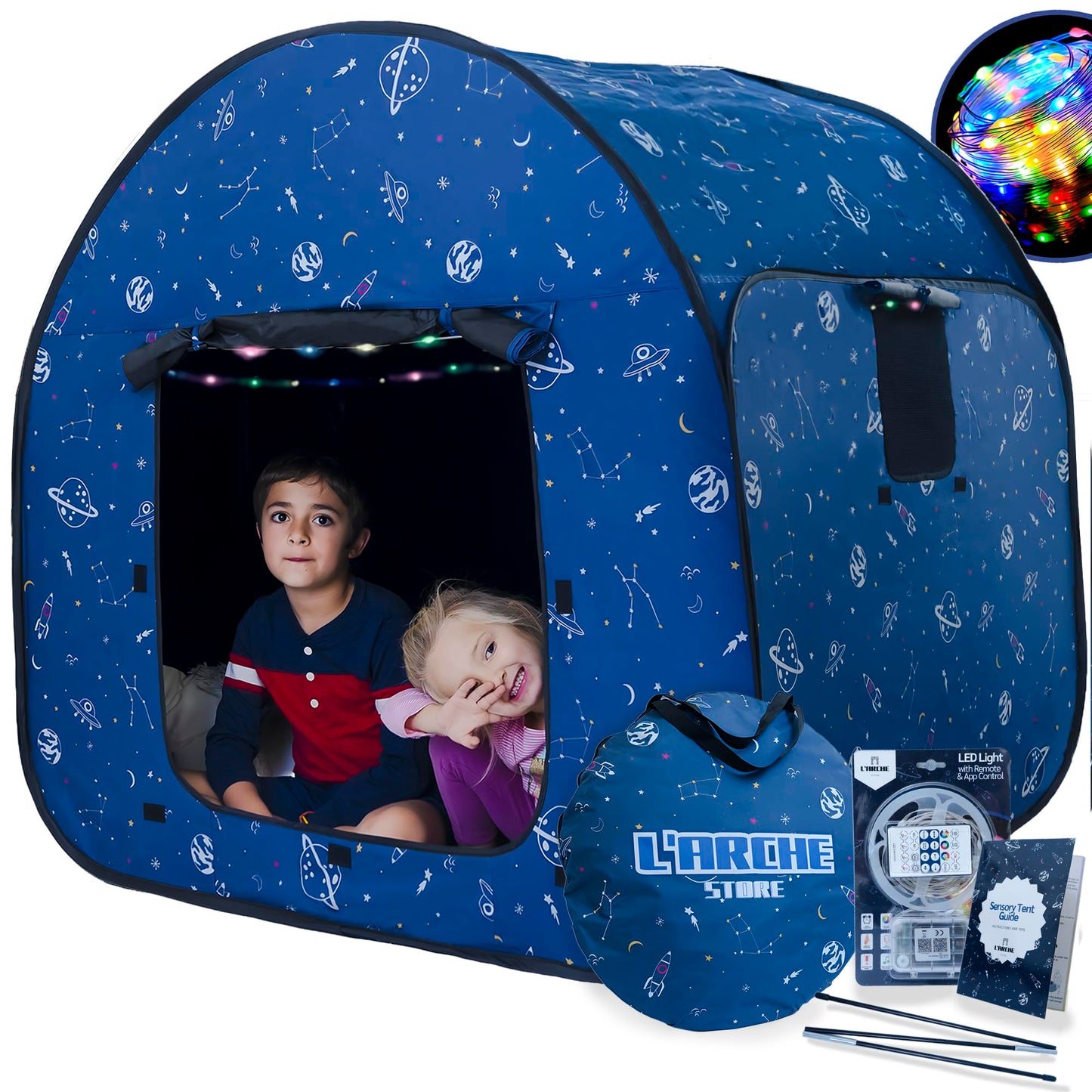 L'Arche Sensory Tent with LED Lights & Remote – Blackout Pop-Up Calm Down Space Theme (47.2 inches)