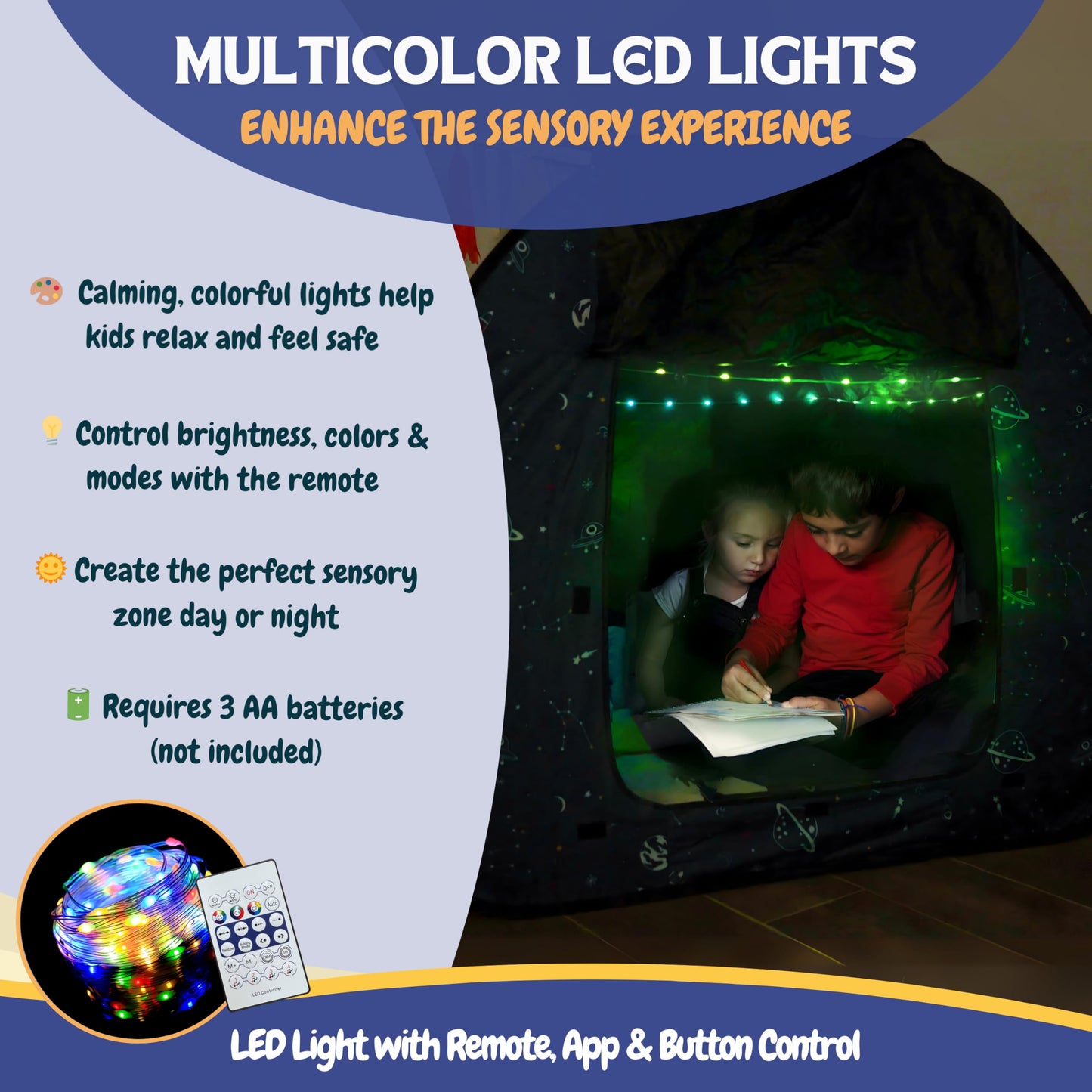 L'Arche Sensory Tent with LED Lights & Remote – Blackout Pop-Up Calm Down Space Theme (47.2 inches)