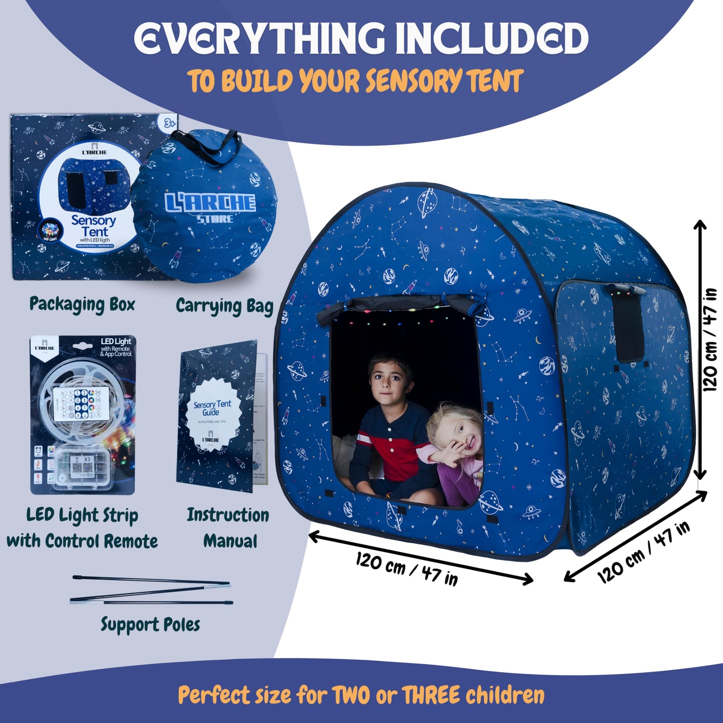 L'Arche Sensory Tent with LED Lights & Remote – Blackout Pop-Up Calm Down Space Theme (47.2 inches)