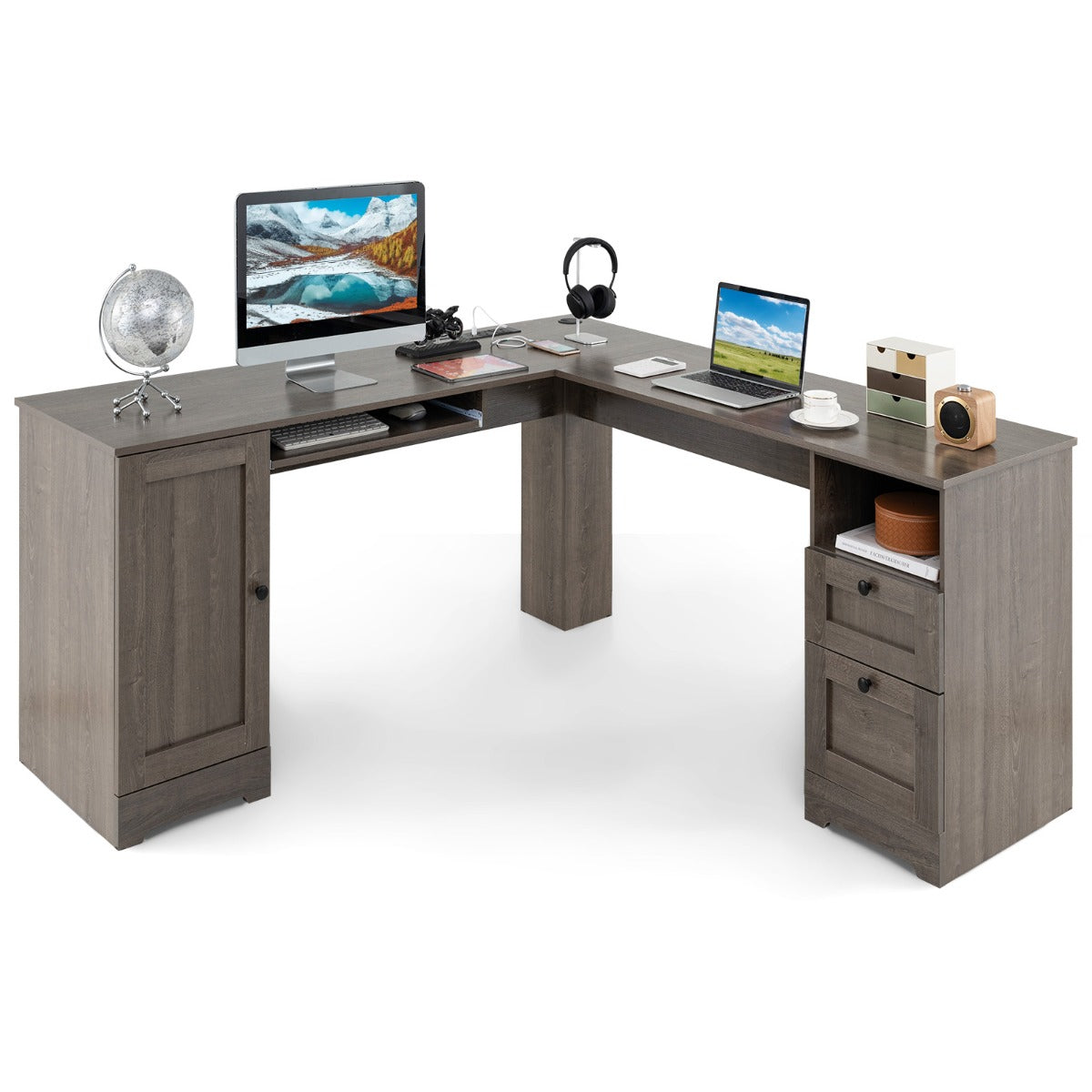 L-shaped Computer Desk with Power Outlets and 2 Storage Drawers-Black