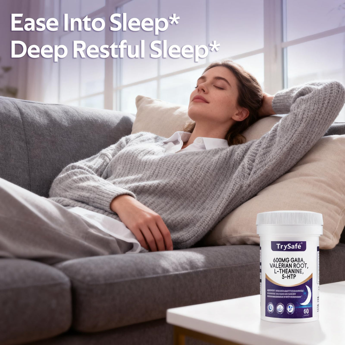 TrySafe 600mg GABA Sleep Aid with Valerian, L-Theanine & 5-HTP | 60 Capsules