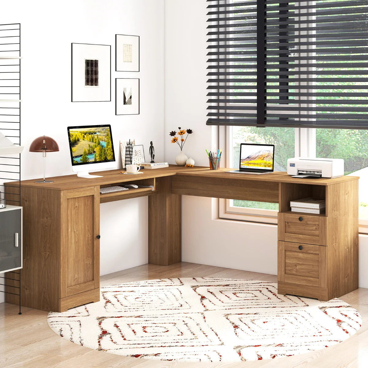 L-shaped Computer Desk with Power Outlets and 2 Storage Drawers-Black