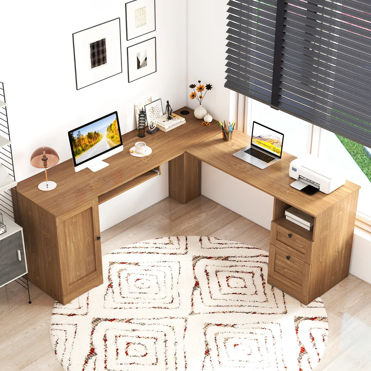 L-shaped Computer Desk with Power Outlets and 2 Storage Drawers-Black