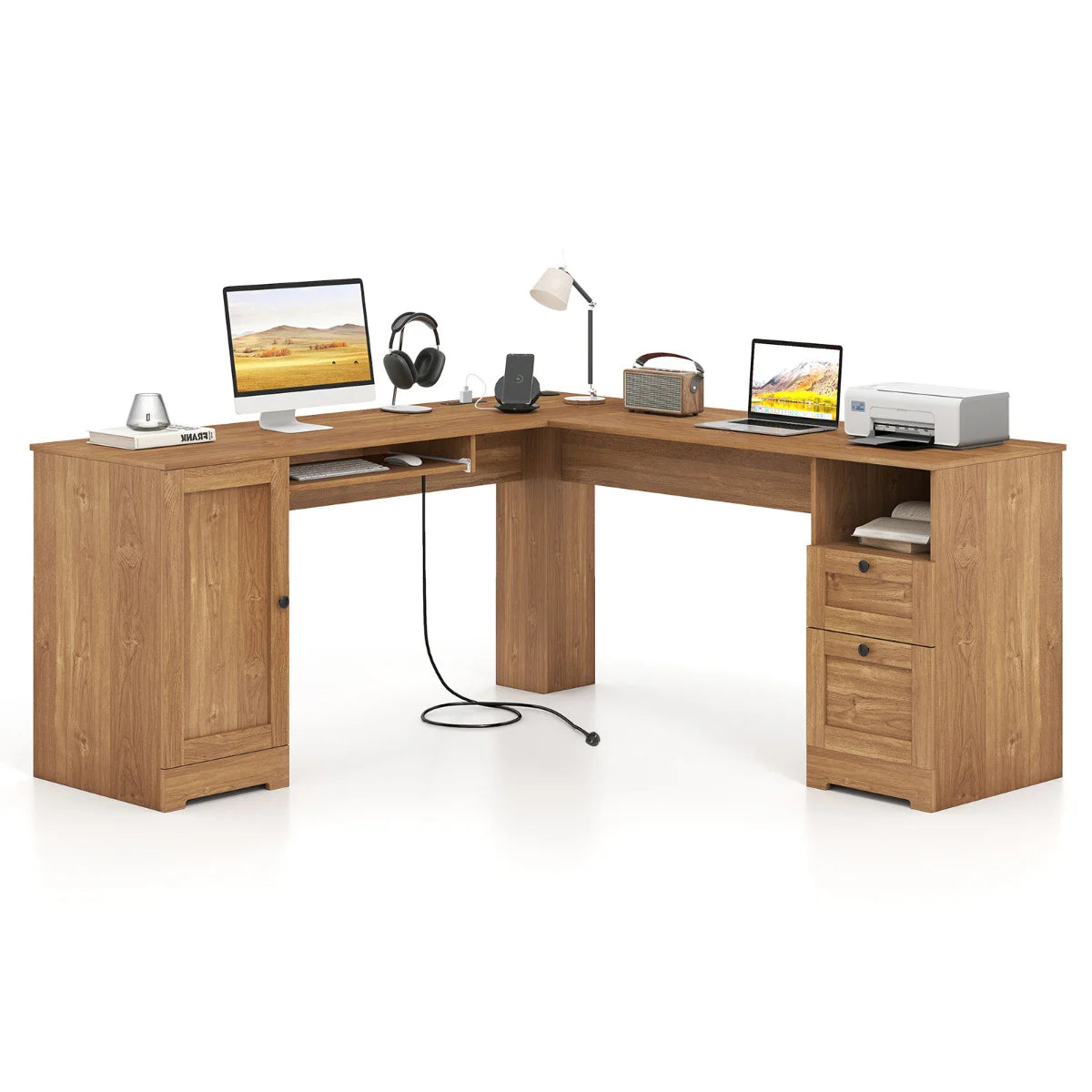 L-shaped Computer Desk with Power Outlets and 2 Storage Drawers-Black