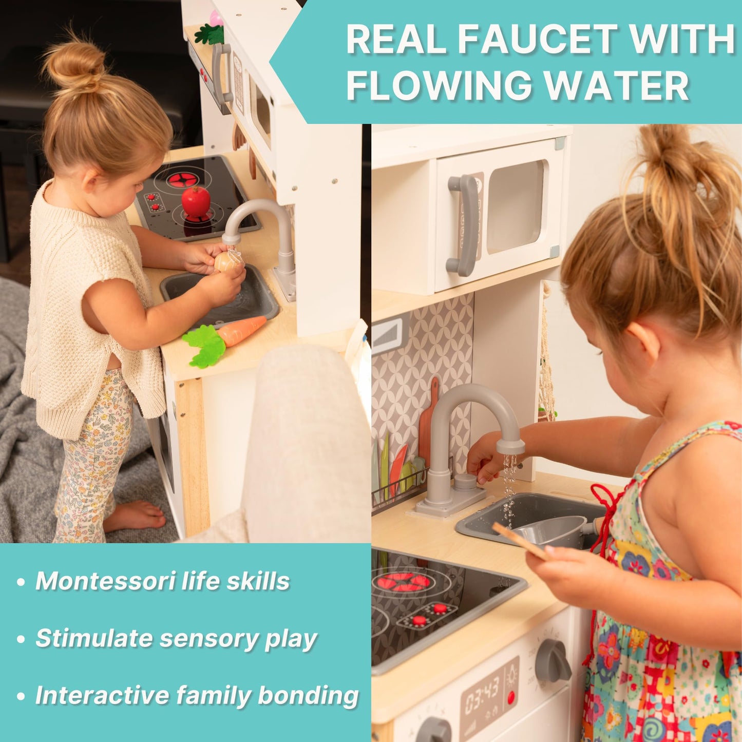 La Premura wooden play kitchen with real sink – Montessori sensory kitchen for toddlers 3-5