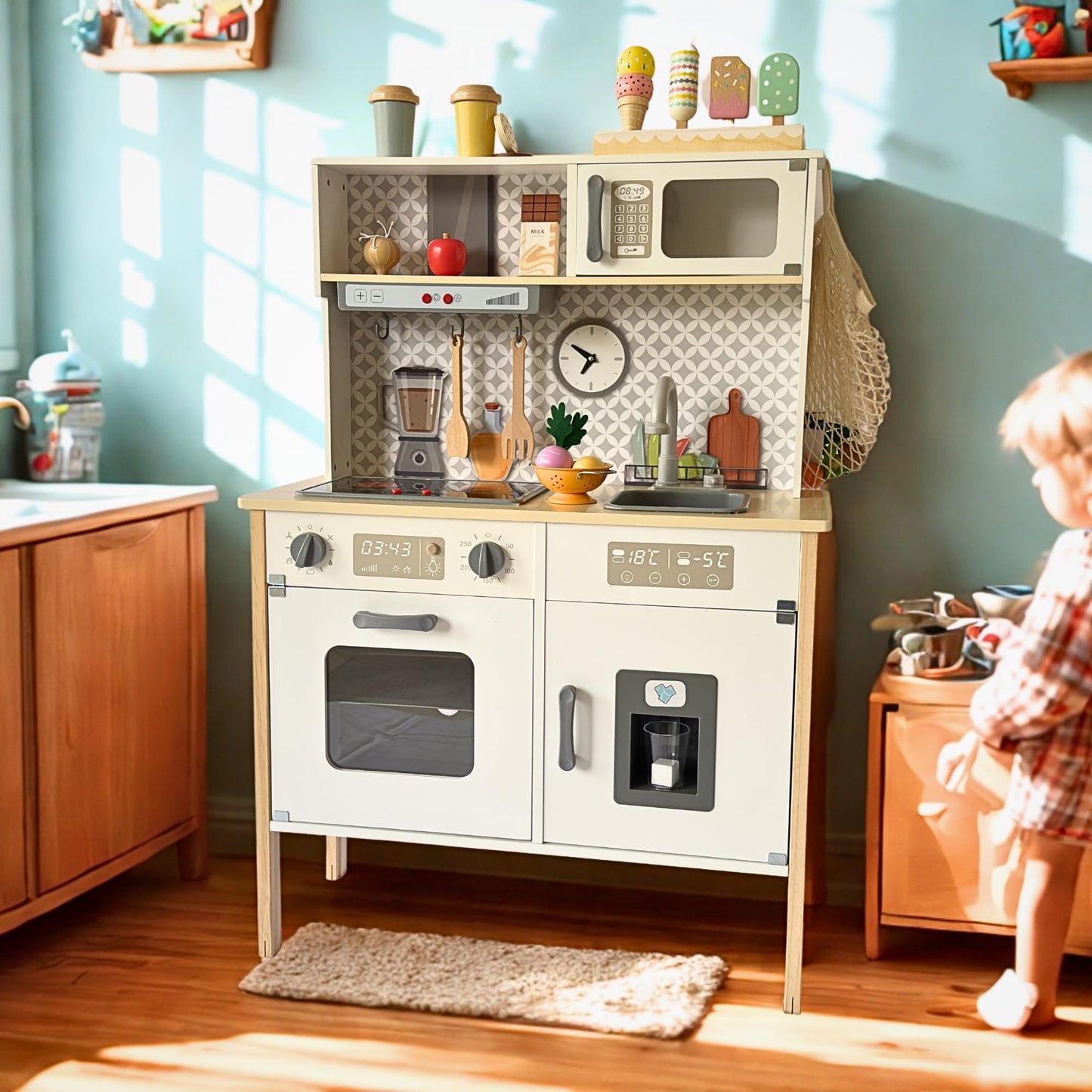 La Premura wooden play kitchen with real sink – Montessori sensory kitchen for toddlers 3-5