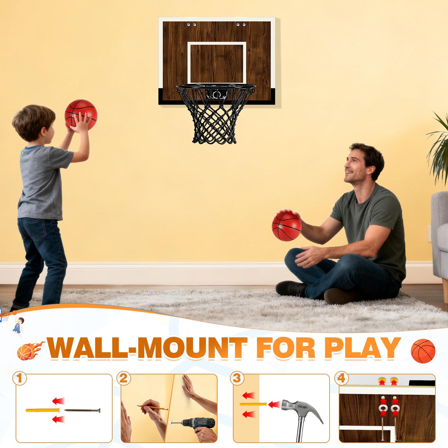 Laapee Indoor Basketball Hoop Mini Set – Wall Mount or Over-the-Door, Dark Wood Backboard (No-Score)