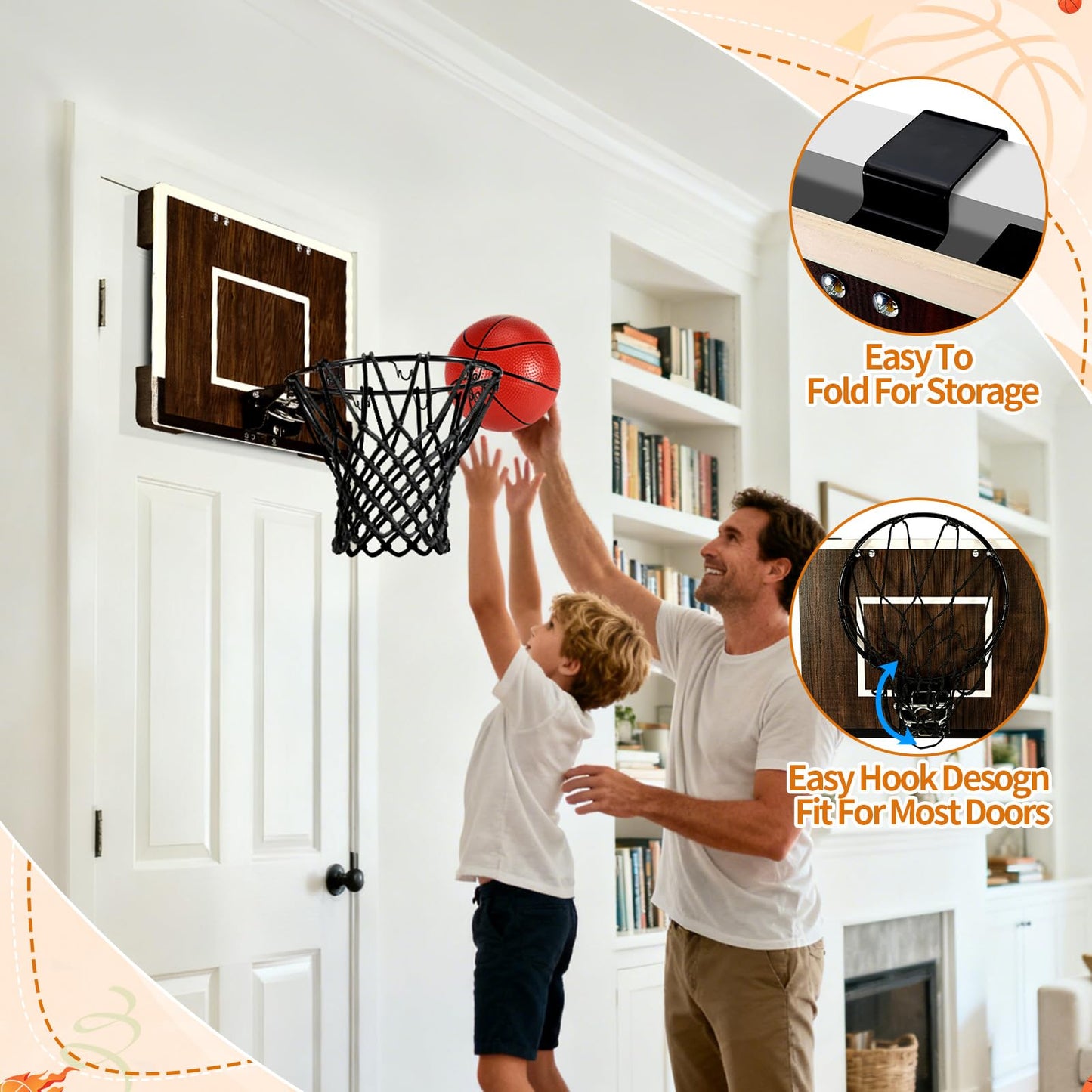 Laapee Indoor Basketball Hoop Mini Set – Wall Mount or Over-the-Door, Dark Wood Backboard (No-Score)