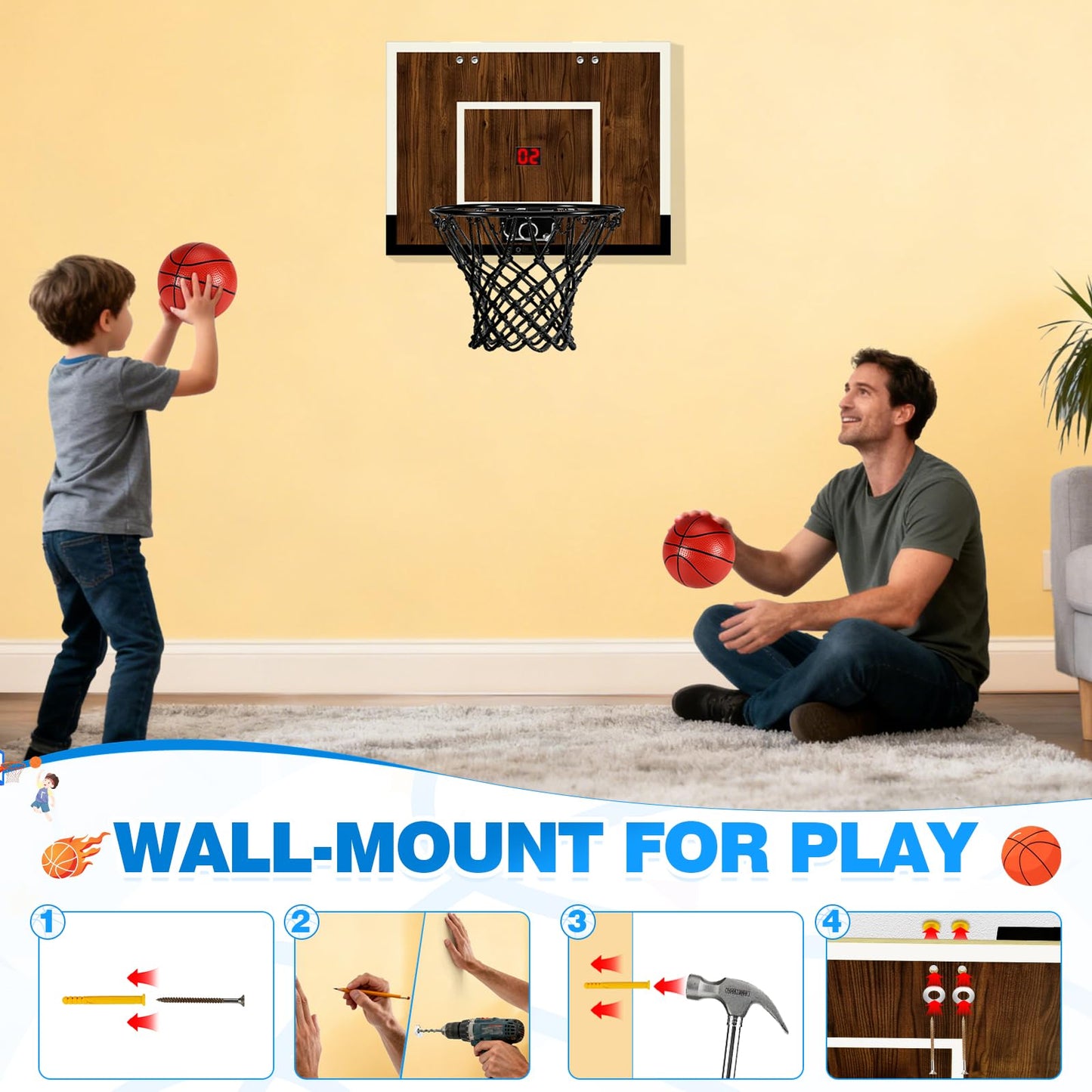 Laapee Indoor Basketball Hoop Mini Set – Dark Wood Finish, Wall/Door Mount, Digital Scoring, 3 Balls & Pump (16x12x3)