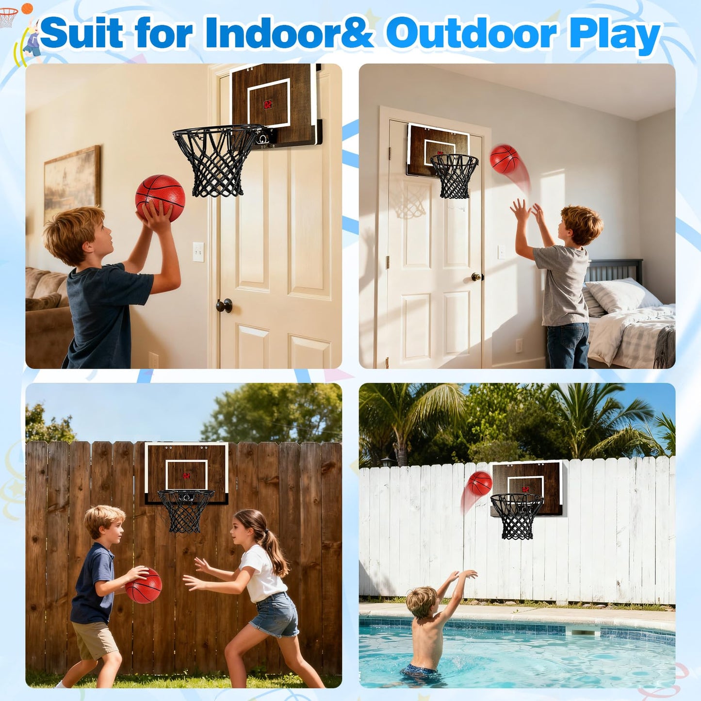 Laapee Indoor Basketball Hoop Mini Set – Dark Wood Finish, Wall/Door Mount, Digital Scoring, 3 Balls & Pump (16x12x3)