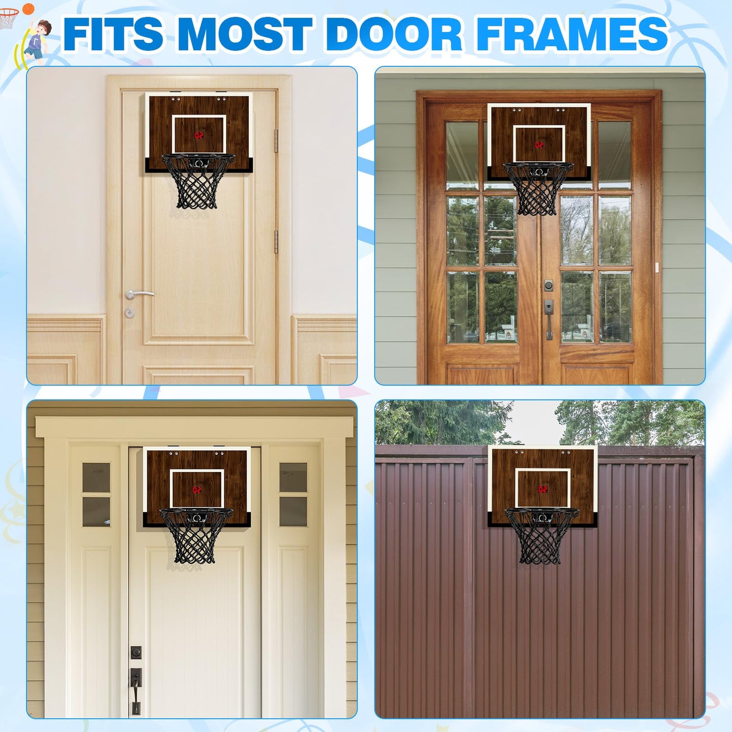 Laapee Indoor Basketball Hoop Mini Set – Dark Wood Finish, Wall/Door Mount, Digital Scoring, 3 Balls & Pump (16x12x3)