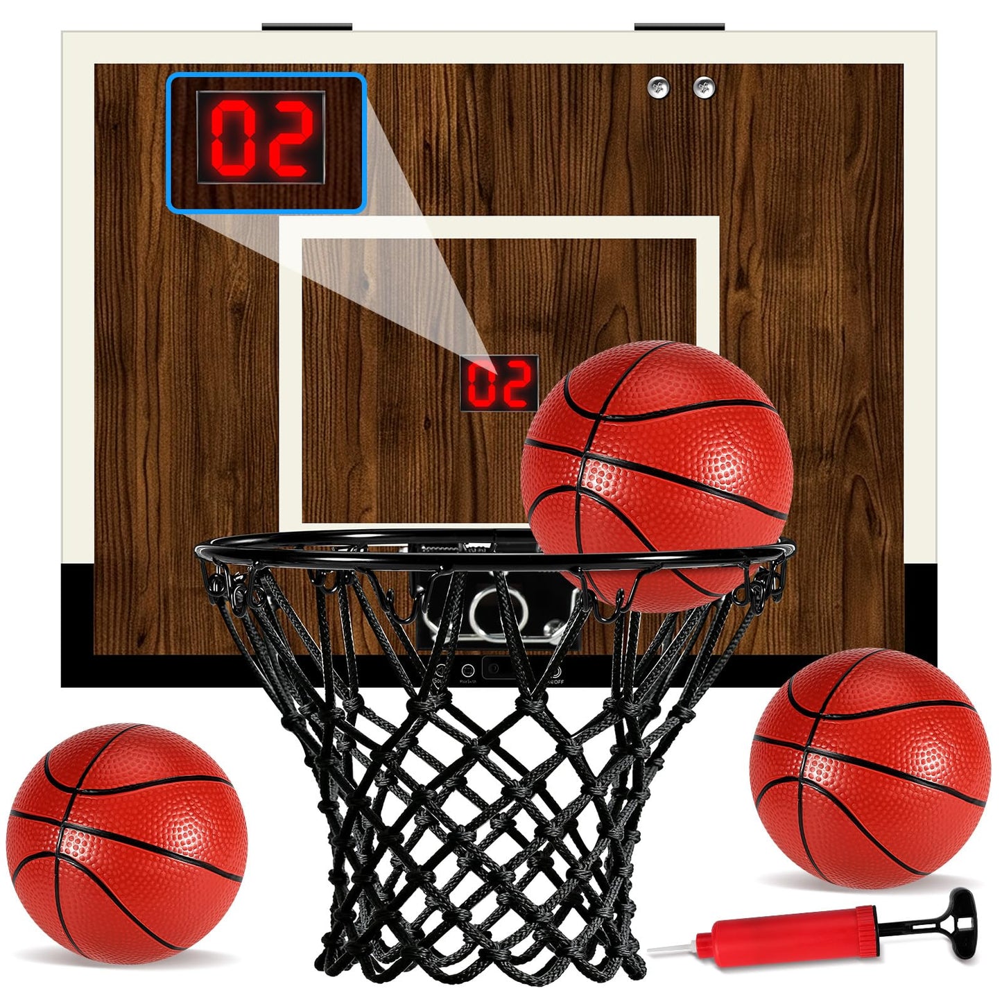 Laapee Indoor Basketball Hoop Mini Set – Dark Wood Finish, Wall/Door Mount, Digital Scoring, 3 Balls & Pump (16x12x3)