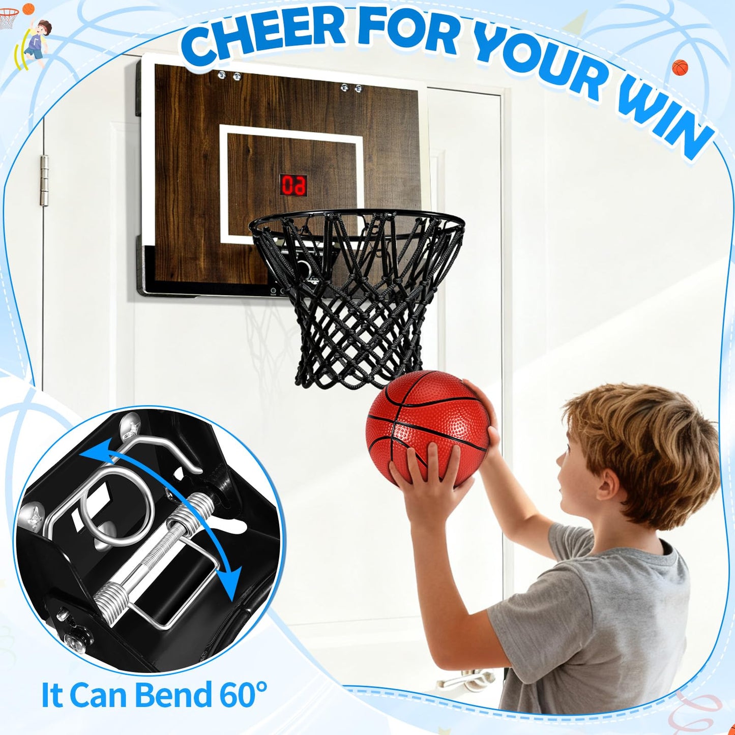 Laapee Indoor Basketball Hoop Mini Set – Dark Wood Finish, Wall/Door Mount, Digital Scoring, 3 Balls & Pump (16x12x3)