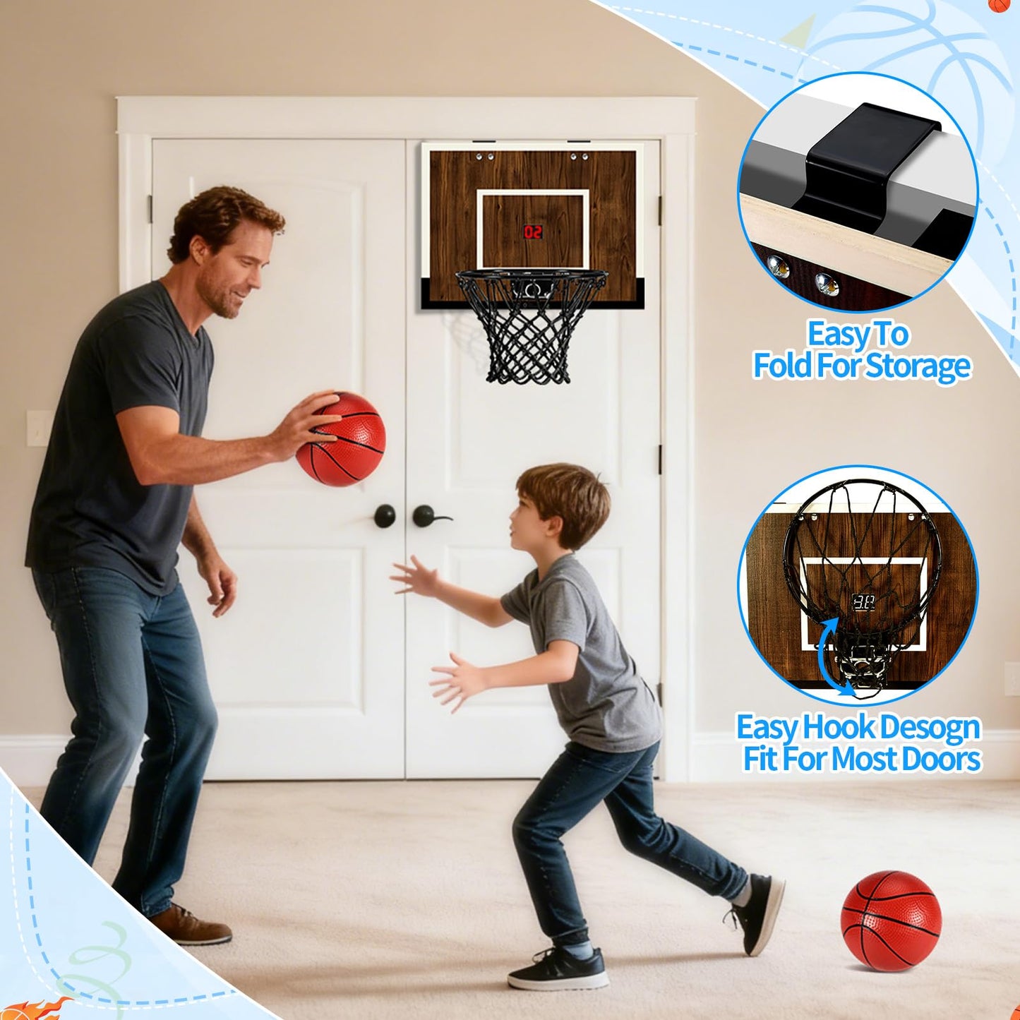 Laapee Indoor Basketball Hoop Mini Set – Dark Wood Finish, Wall/Door Mount, Digital Scoring, 3 Balls & Pump (16x12x3)