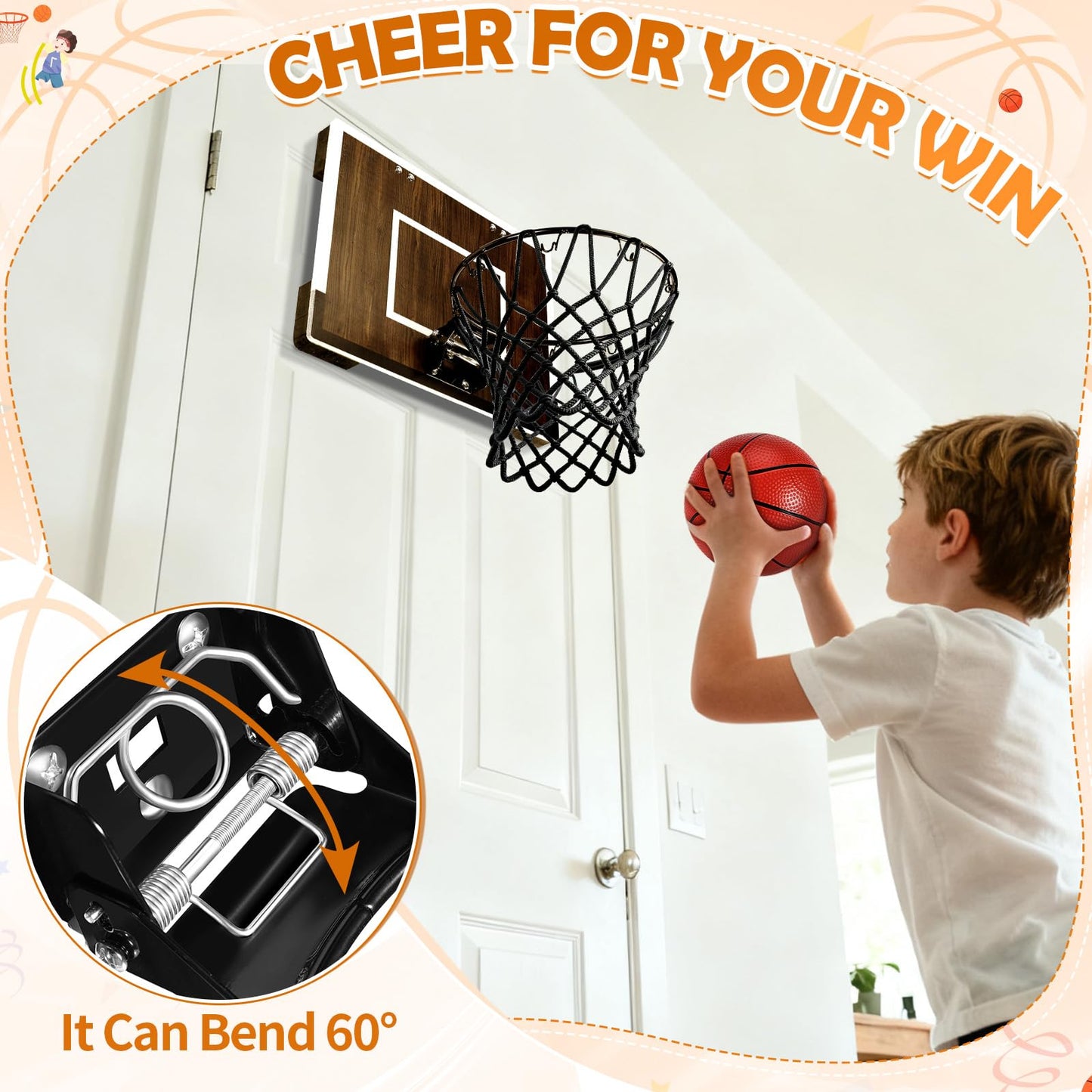 Laapee Indoor Basketball Hoop Mini Set – Wall Mount or Over-the-Door, Dark Wood Backboard (No-Score)