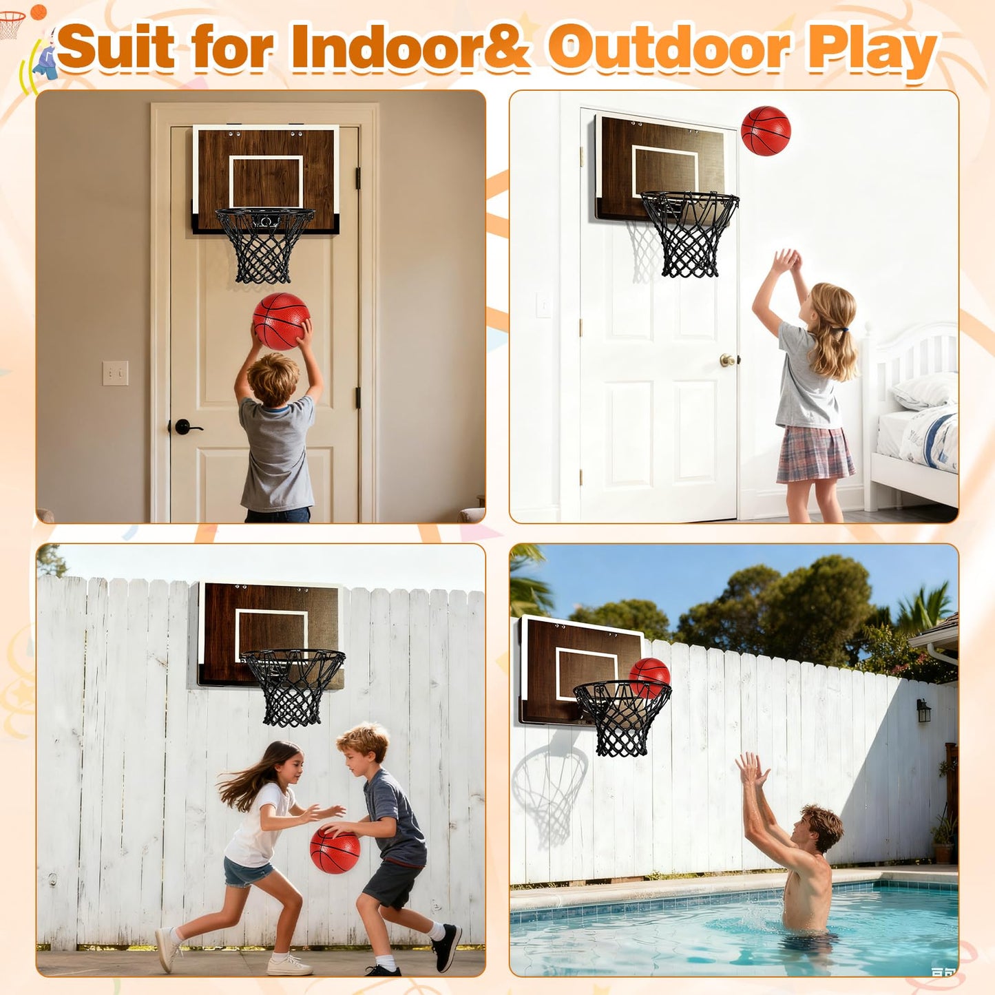 Laapee Indoor Basketball Hoop Mini Set – Wall Mount or Over-the-Door, Dark Wood Backboard (No-Score)