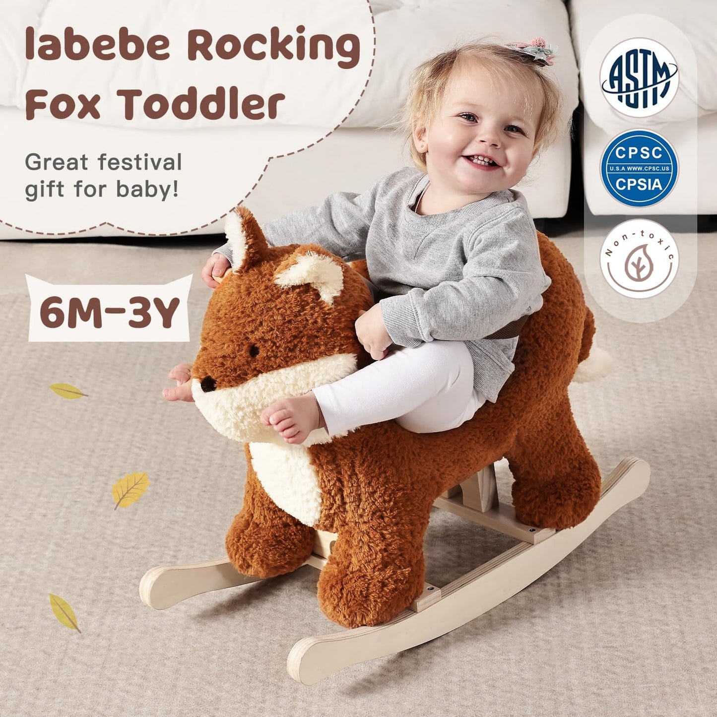 Labebe Fox Rocking Horse – Plush Brownish-Red Rocker with 3-Point Harness for Babies 6M+