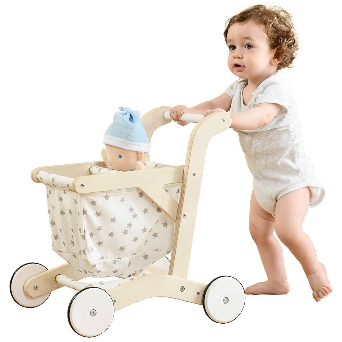 Labebe Baby Push Walker – Wooden Toddler Walker with Doll Seat & Shopping Cart (15.2 x 18.7 x 19.7 in)