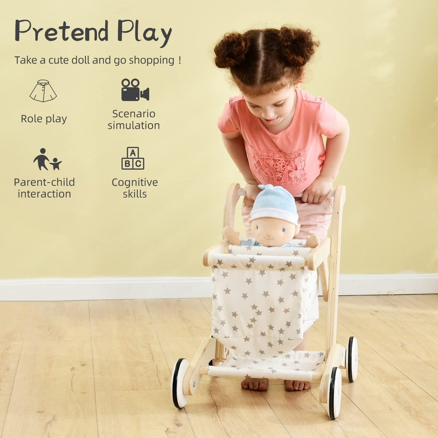Labebe Baby Push Walker – Wooden Toddler Walker with Doll Seat & Shopping Cart (15.2 x 18.7 x 19.7 in)