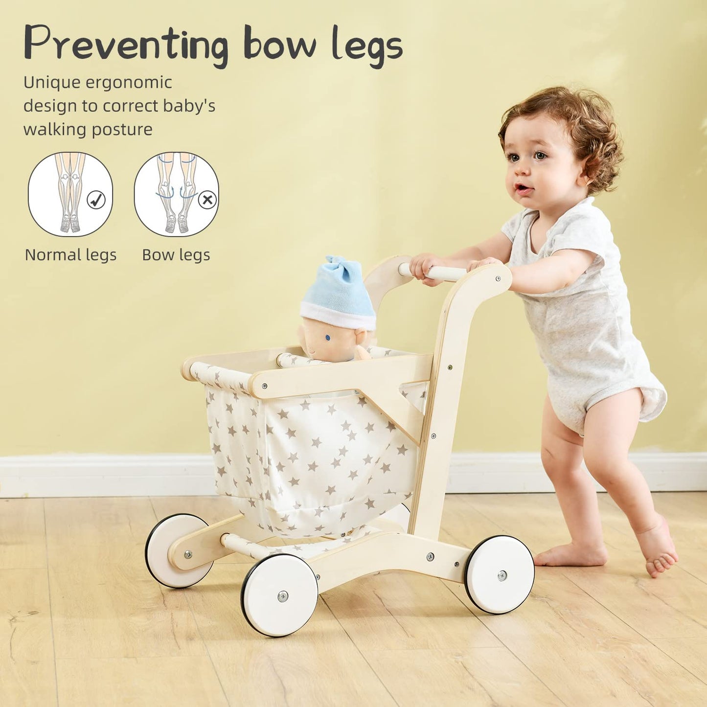 Labebe Baby Push Walker – Wooden Toddler Walker with Doll Seat & Shopping Cart (15.2 x 18.7 x 19.7 in)