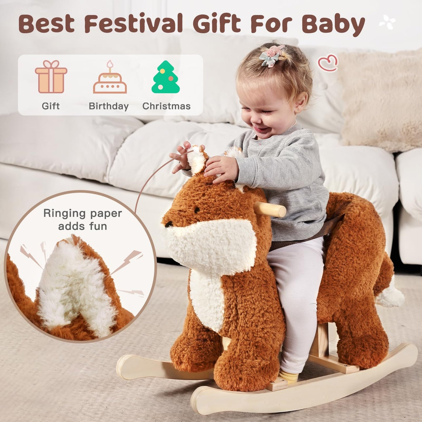 Labebe Fox Rocking Horse – Plush Brownish-Red Rocker with 3-Point Harness for Babies 6M+