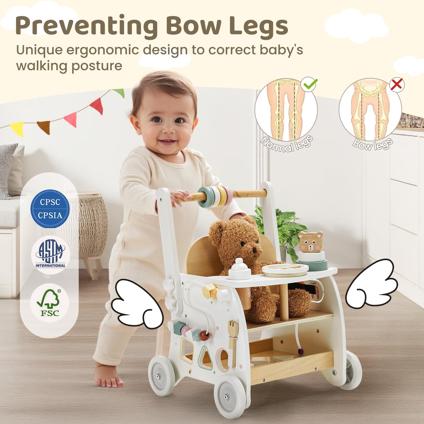 Labebe Wooden Baby Walker with Activity Center — Adjustable Speed Push Walker for 18M+