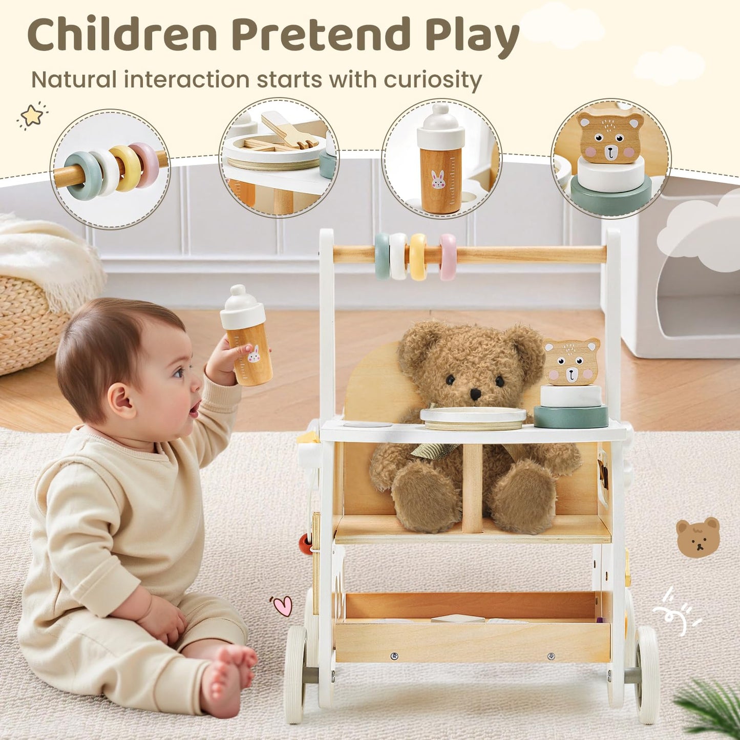 Labebe Wooden Baby Walker with Activity Center — Adjustable Speed Push Walker for 18M+