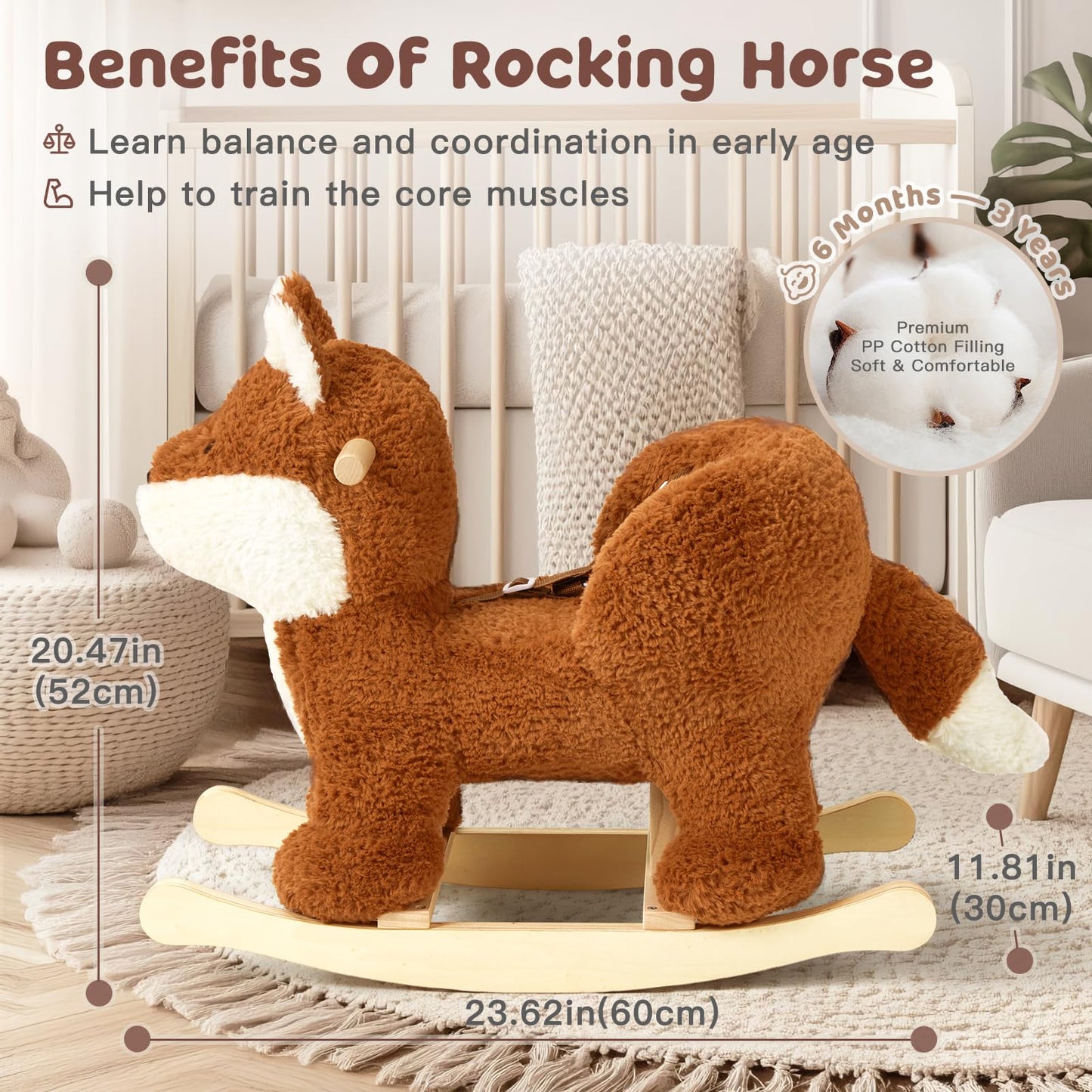 Labebe Fox Rocking Horse – Plush Brownish-Red Rocker with 3-Point Harness for Babies 6M+