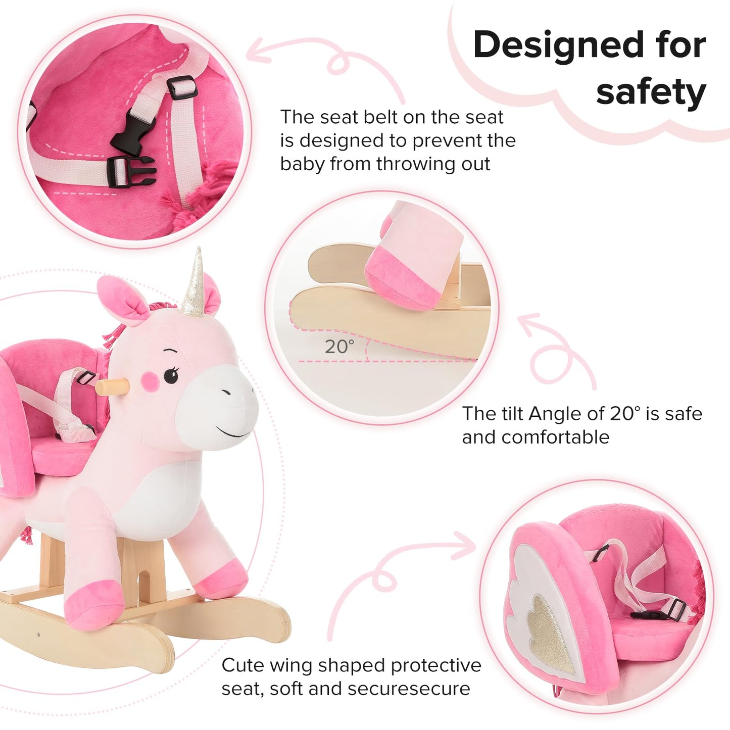 Labebe Pink Unicorn Rocking Horse – Baby Ride-On Toy for 6 Months to 3 Years