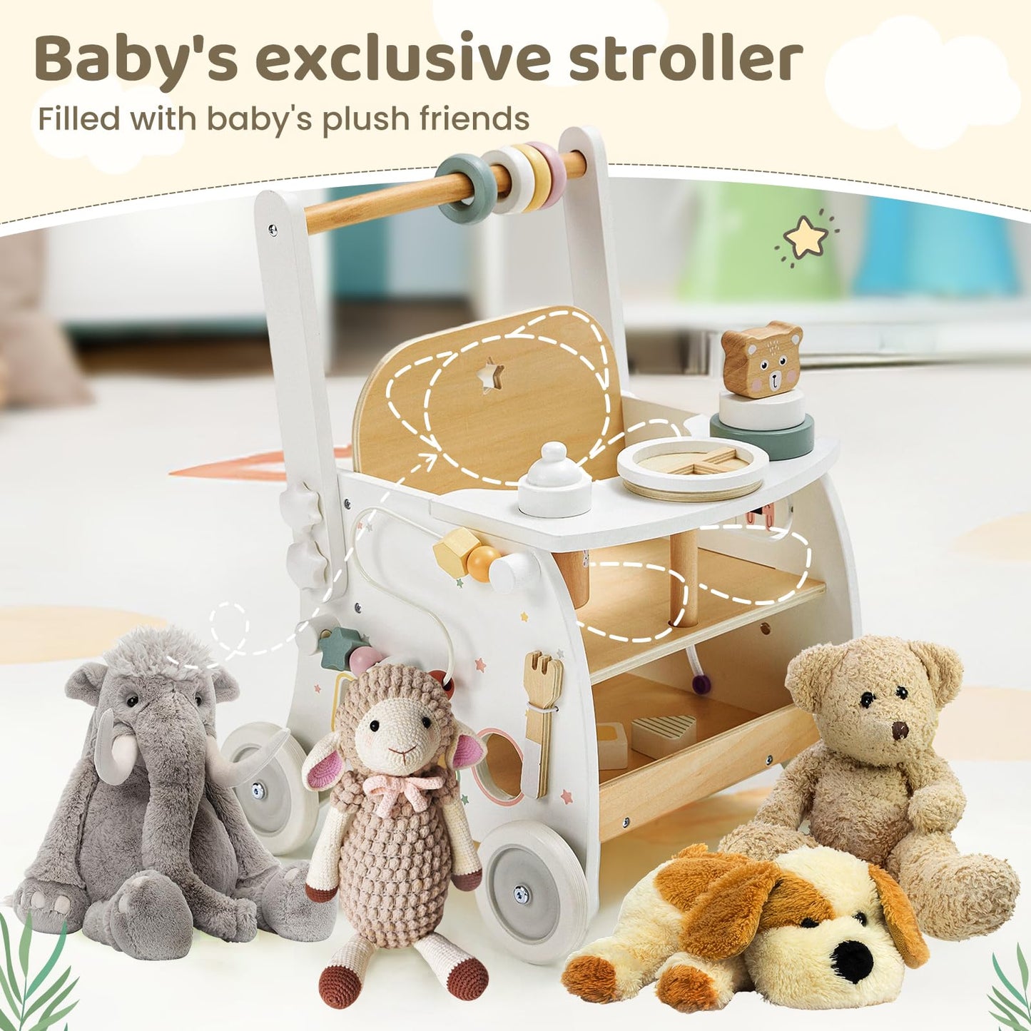 Labebe Wooden Baby Walker with Activity Center — Adjustable Speed Push Walker for 18M+