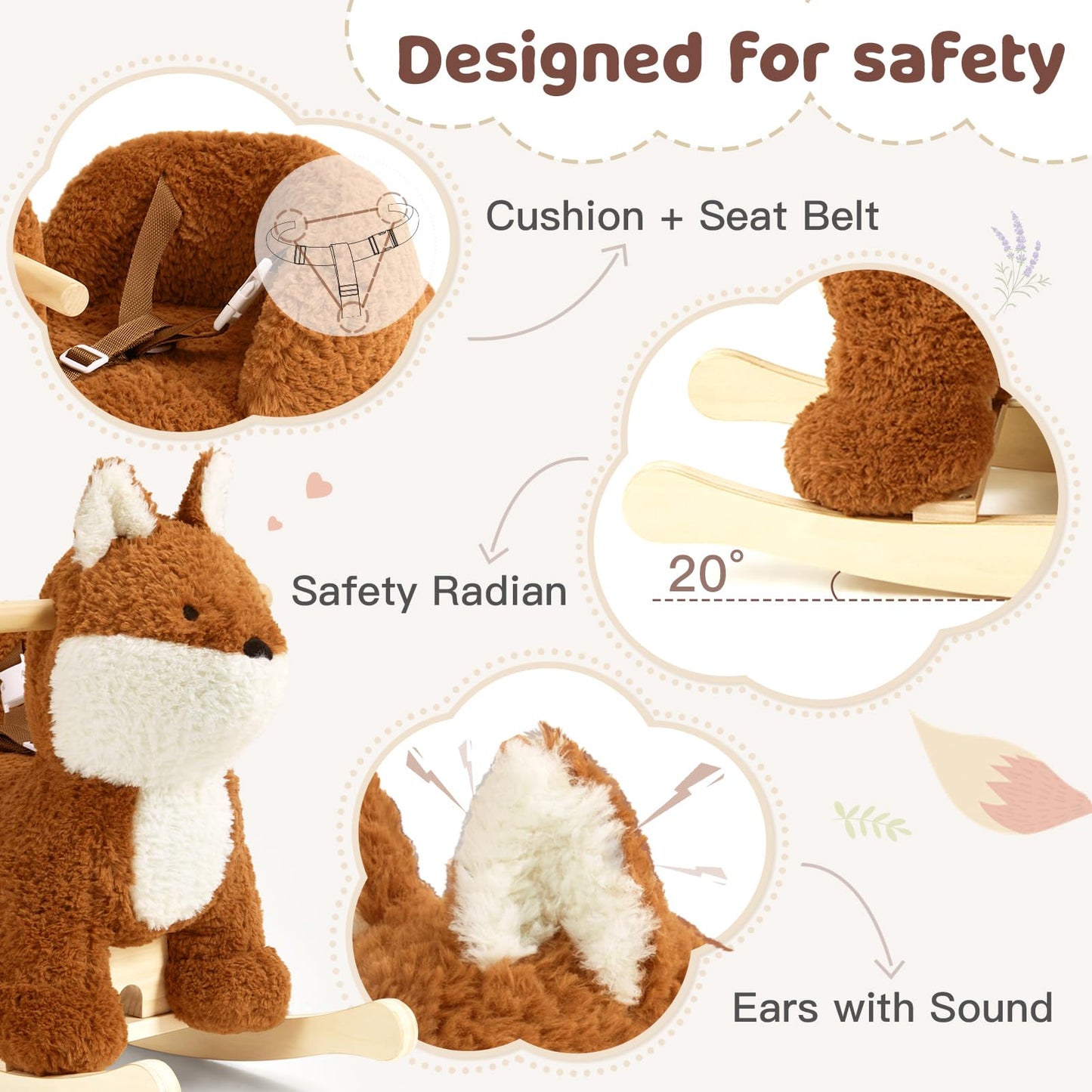 Labebe Fox Rocking Horse – Plush Brownish-Red Rocker with 3-Point Harness for Babies 6M+