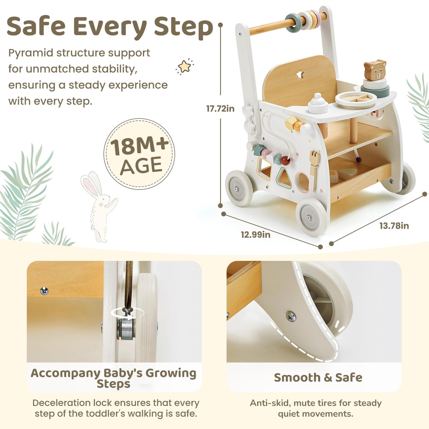 Labebe Wooden Baby Walker with Activity Center — Adjustable Speed Push Walker for 18M+