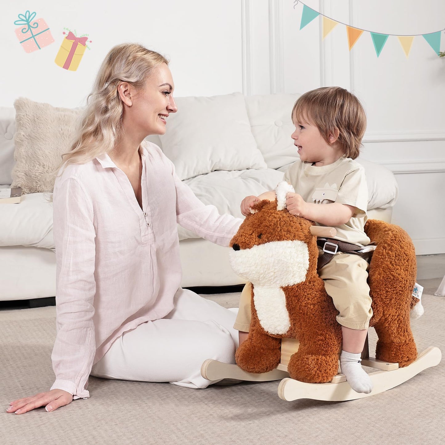 Labebe Fox Rocking Horse – Plush Brownish-Red Rocker with 3-Point Harness for Babies 6M+