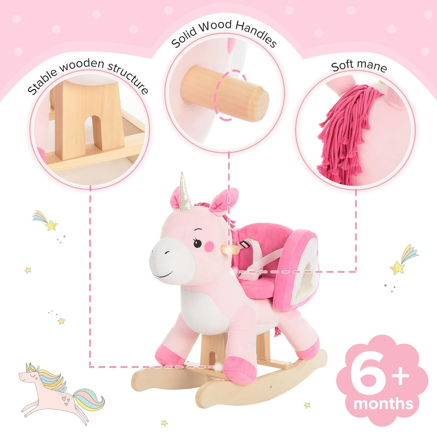 Labebe Pink Unicorn Rocking Horse – Baby Ride-On Toy for 6 Months to 3 Years