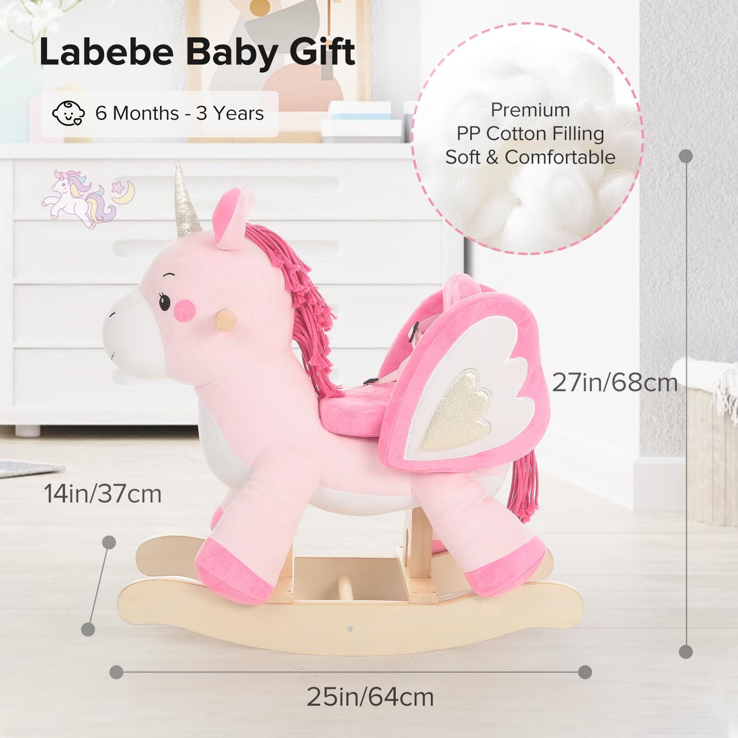 Labebe Pink Unicorn Rocking Horse – Baby Ride-On Toy for 6 Months to 3 Years