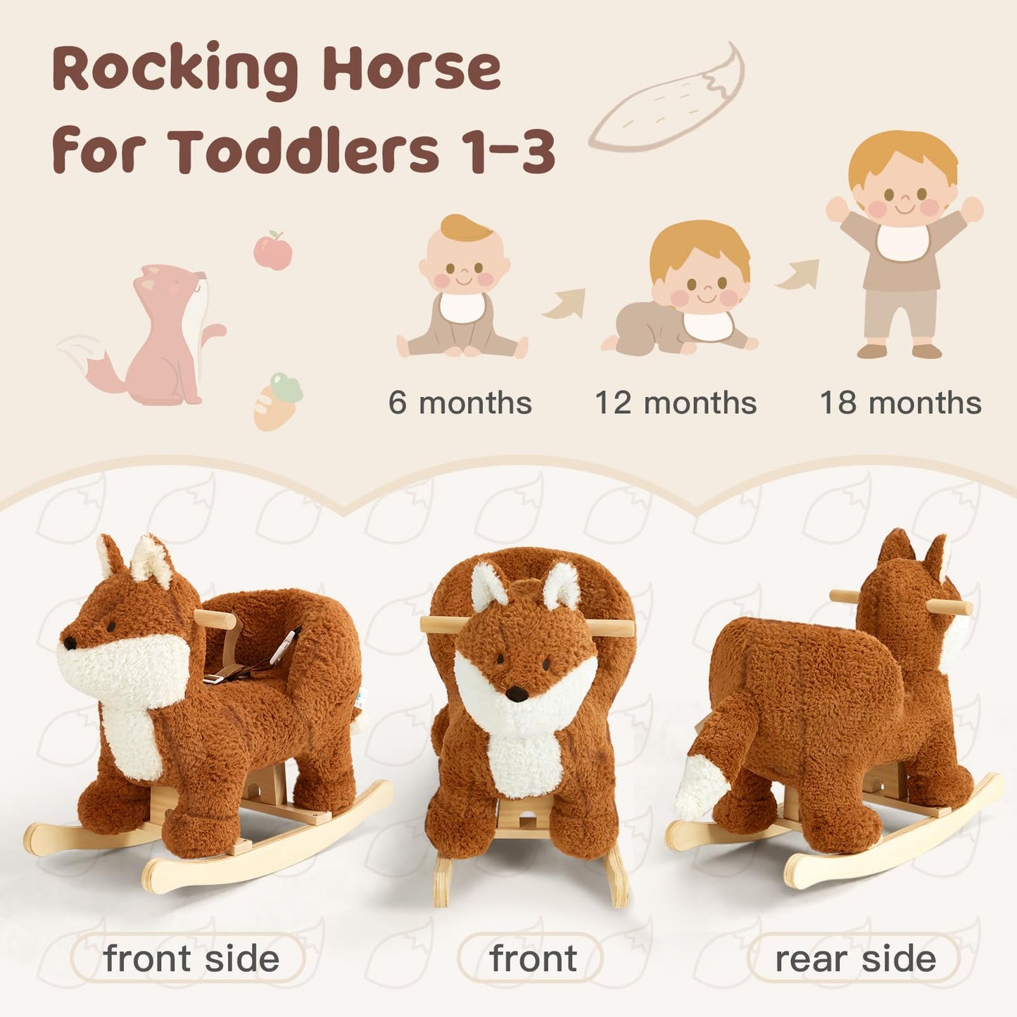 Labebe Fox Rocking Horse – Plush Brownish-Red Rocker with 3-Point Harness for Babies 6M+