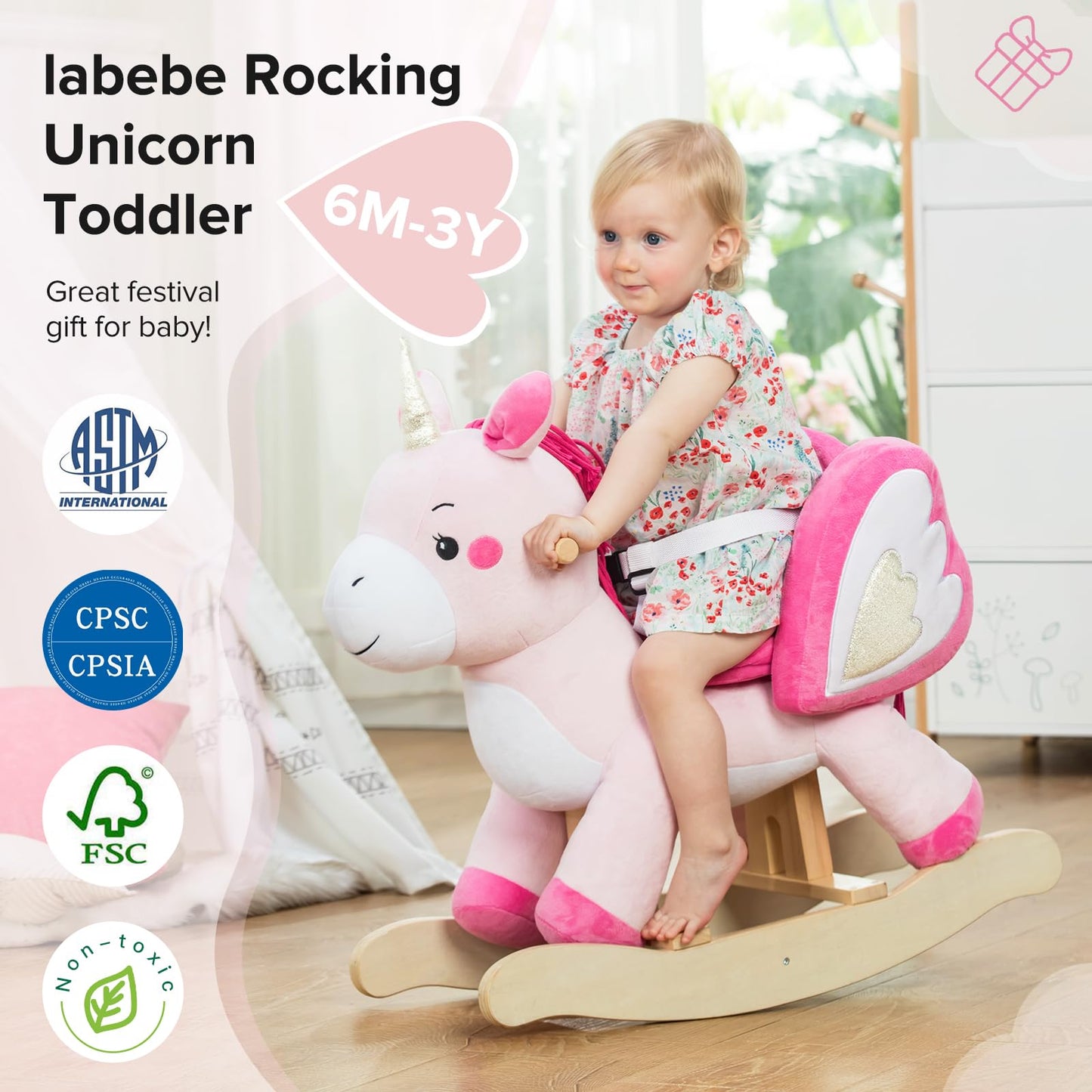 Labebe Pink Unicorn Rocking Horse – Baby Ride-On Toy for 6 Months to 3 Years