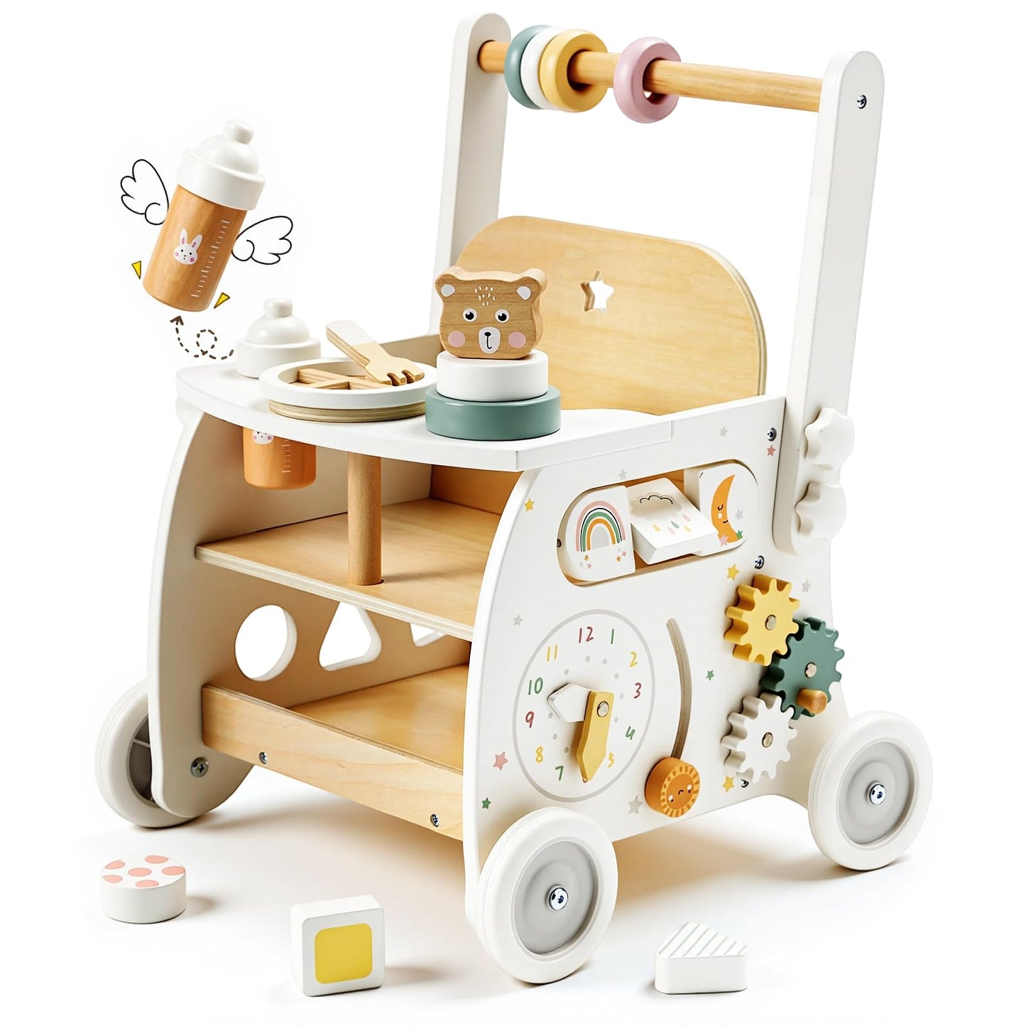Labebe Wooden Baby Walker with Activity Center — Adjustable Speed Push Walker for 18M+