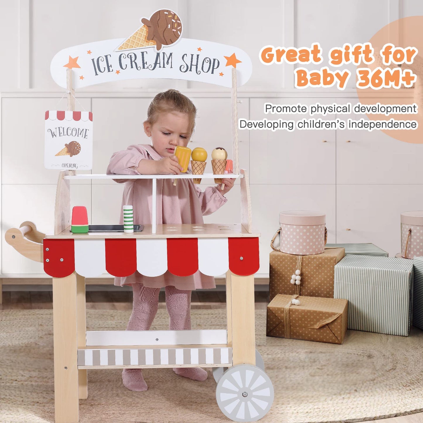 Labebe Wooden Ice Cream Cart for Kids 3–8 | Pretend Play Toy with Blackboard & Magnetic Cones