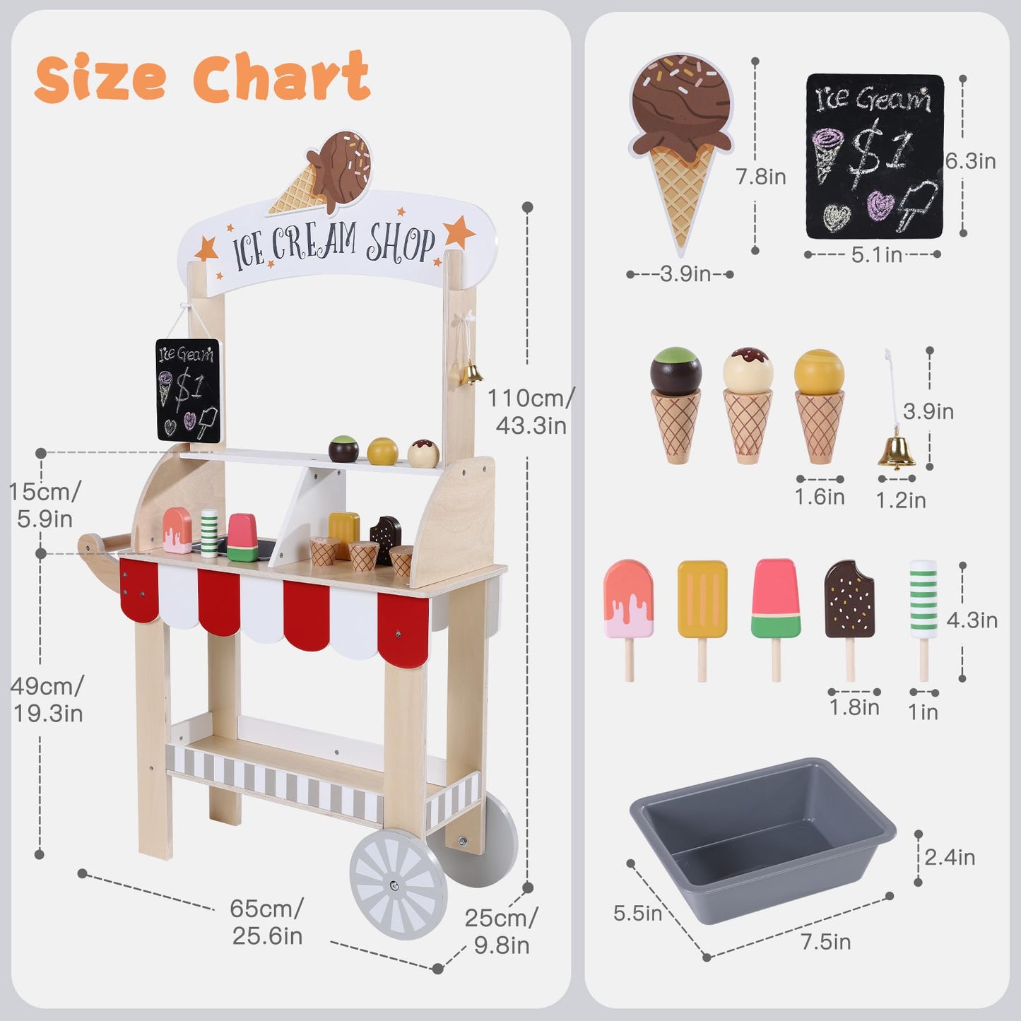 Labebe Wooden Ice Cream Cart for Kids 3–8 | Pretend Play Toy with Blackboard & Magnetic Cones